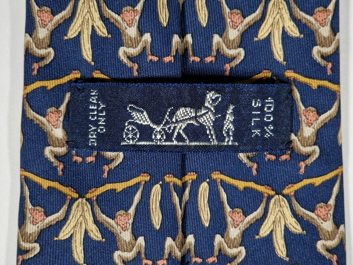 007448 Hermès tie blue whimsical monkeys 7448 HA