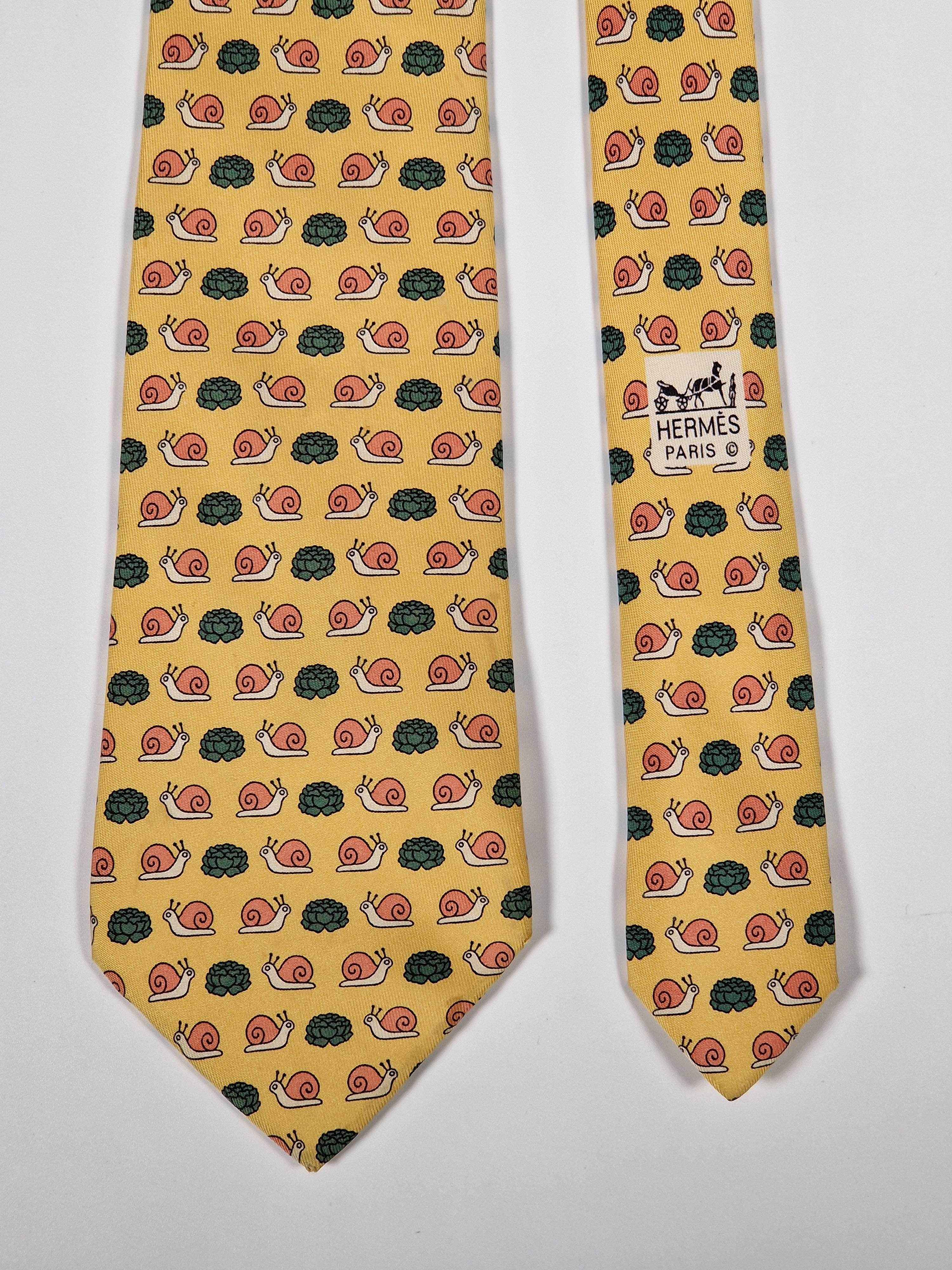 Hermès silk tie yellow snail and sallad whimsical pattern 7461 HA