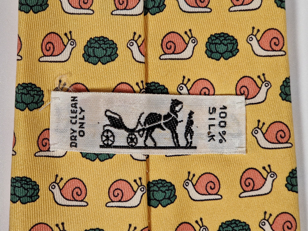 Hermès silk tie yellow snail and sallad whimsical pattern 7461 HA