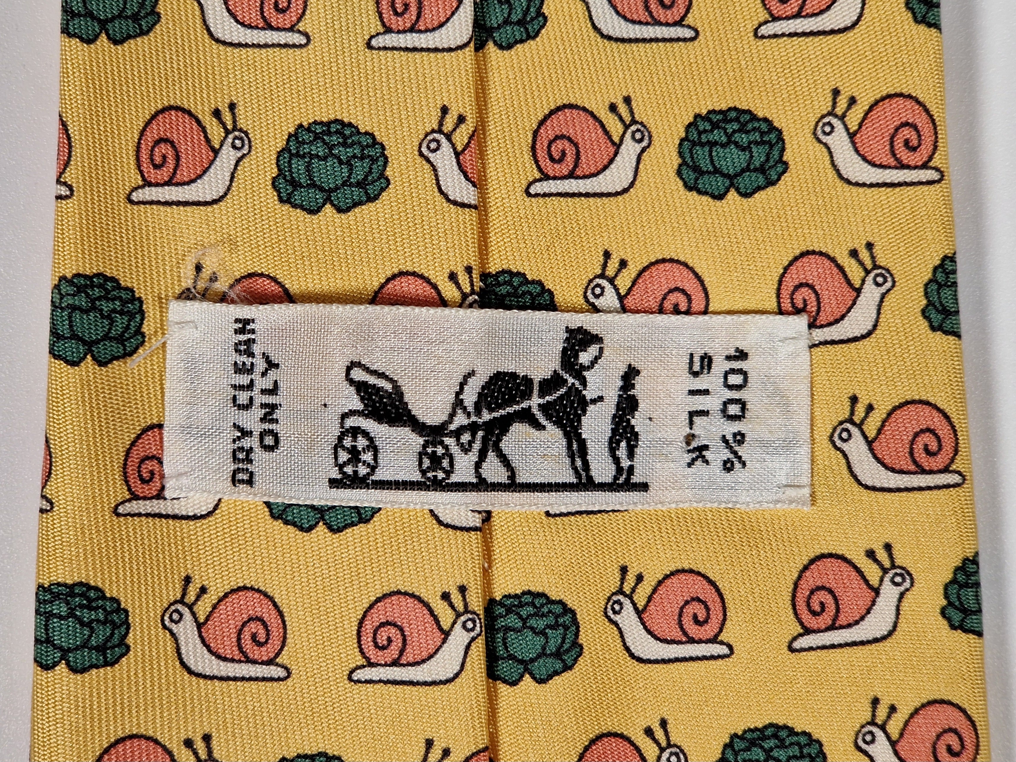 Hermès silk tie yellow snail and sallad whimsical pattern 7461 HA