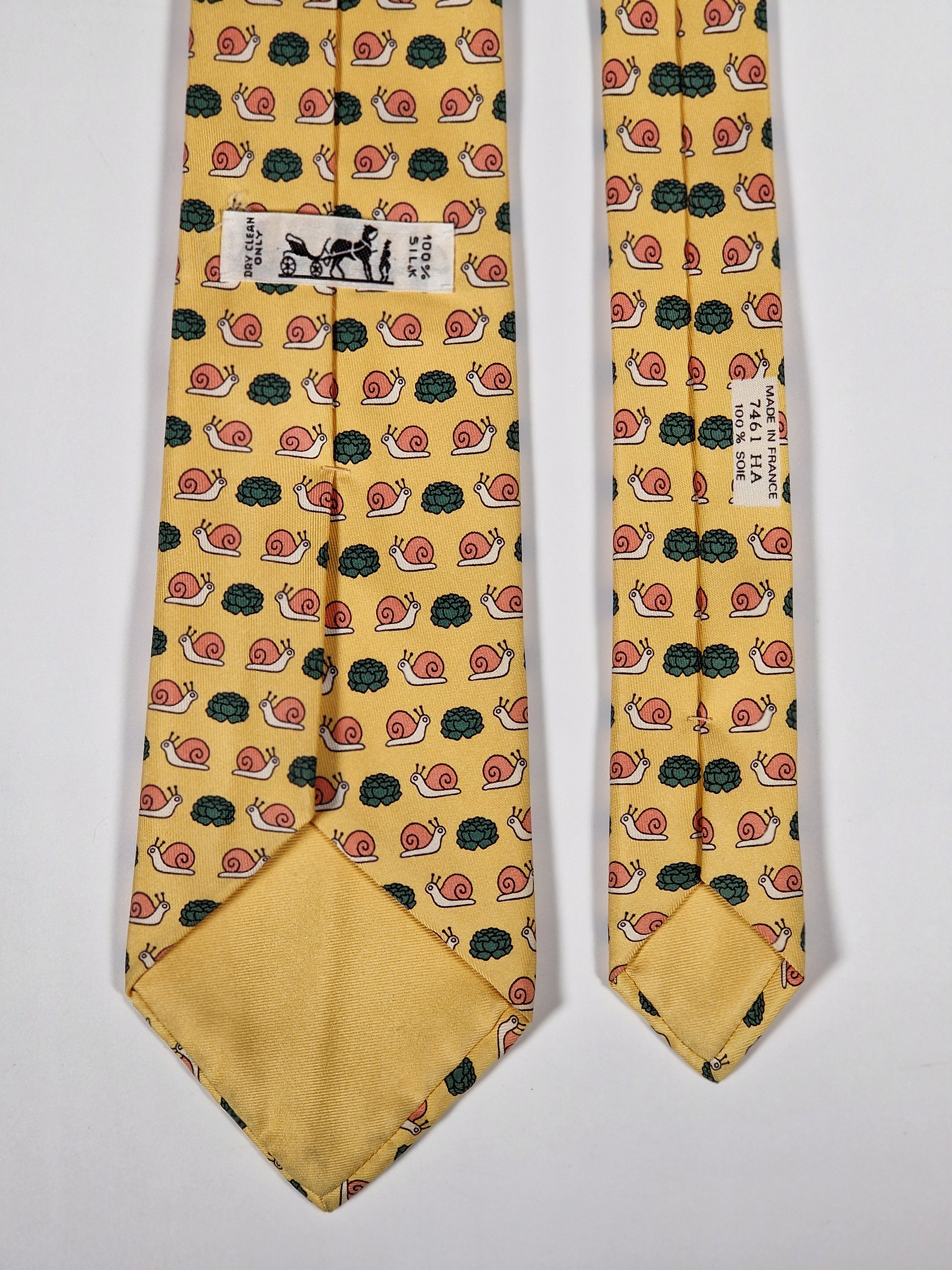 Hermès silk tie yellow snail and sallad whimsical pattern 7461 HA