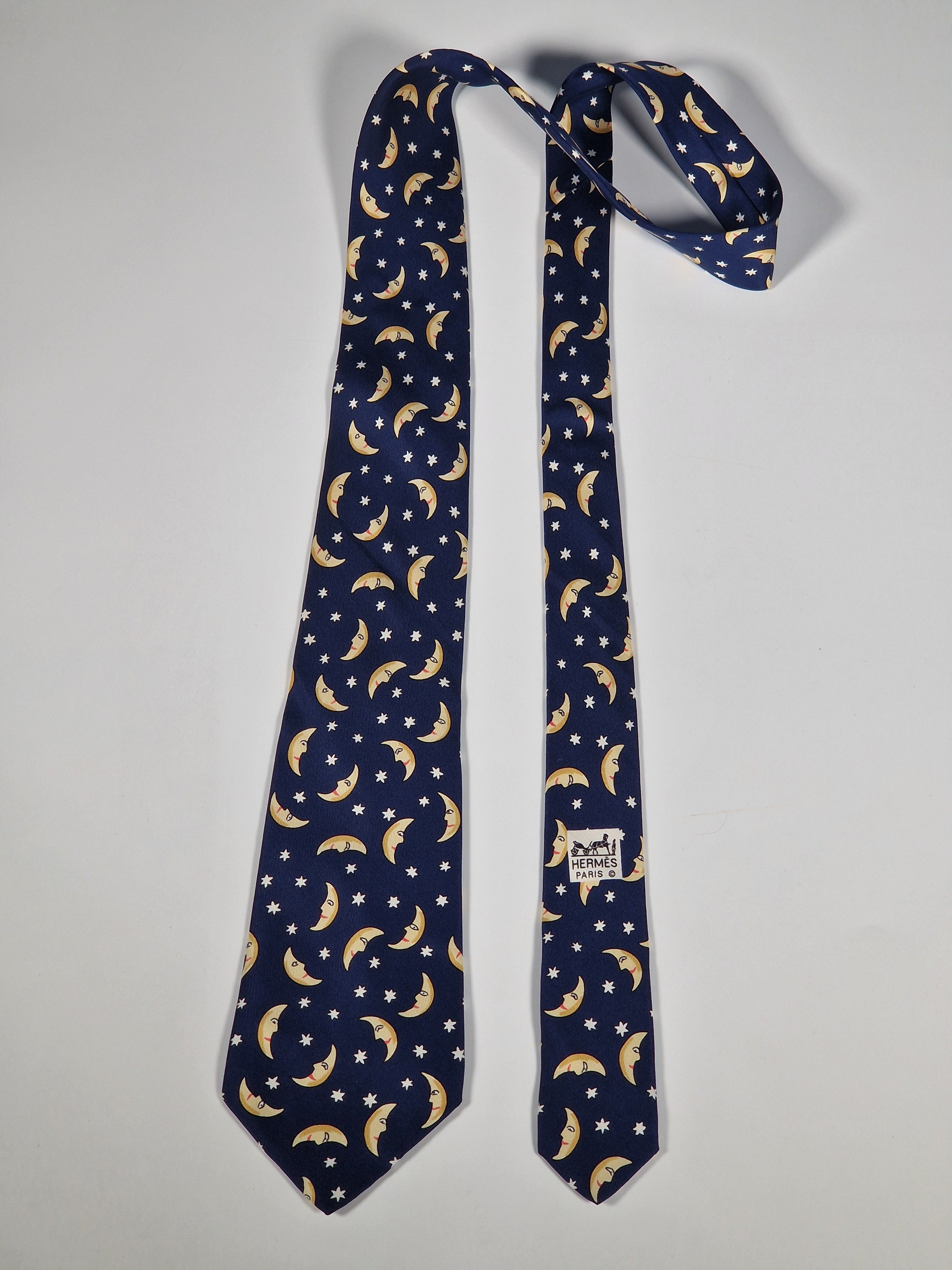 Hermès silk tie blue stars and moon 7462 HA