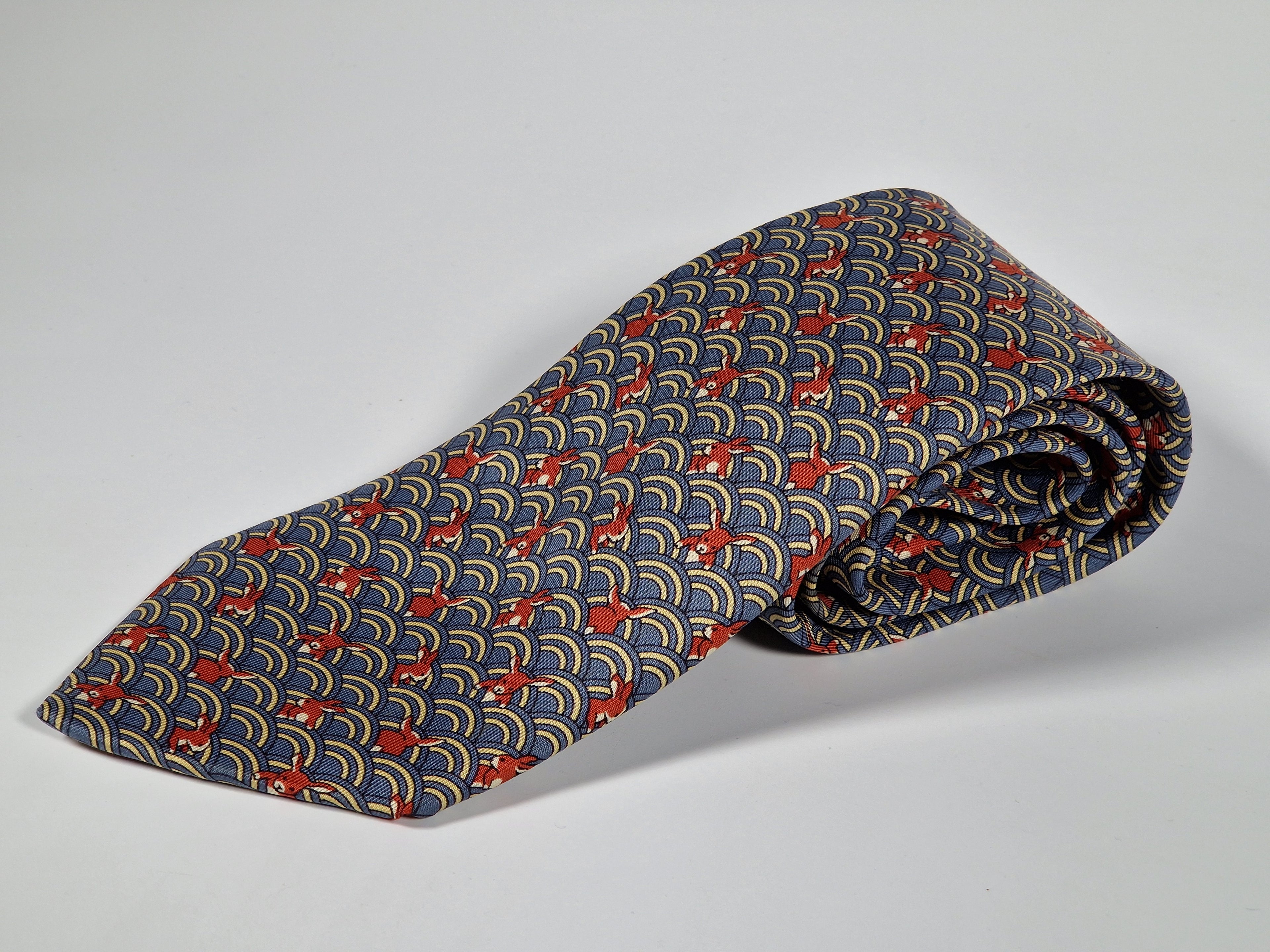 Hermès silk tie whimsical rabbit and waves 7464 HA