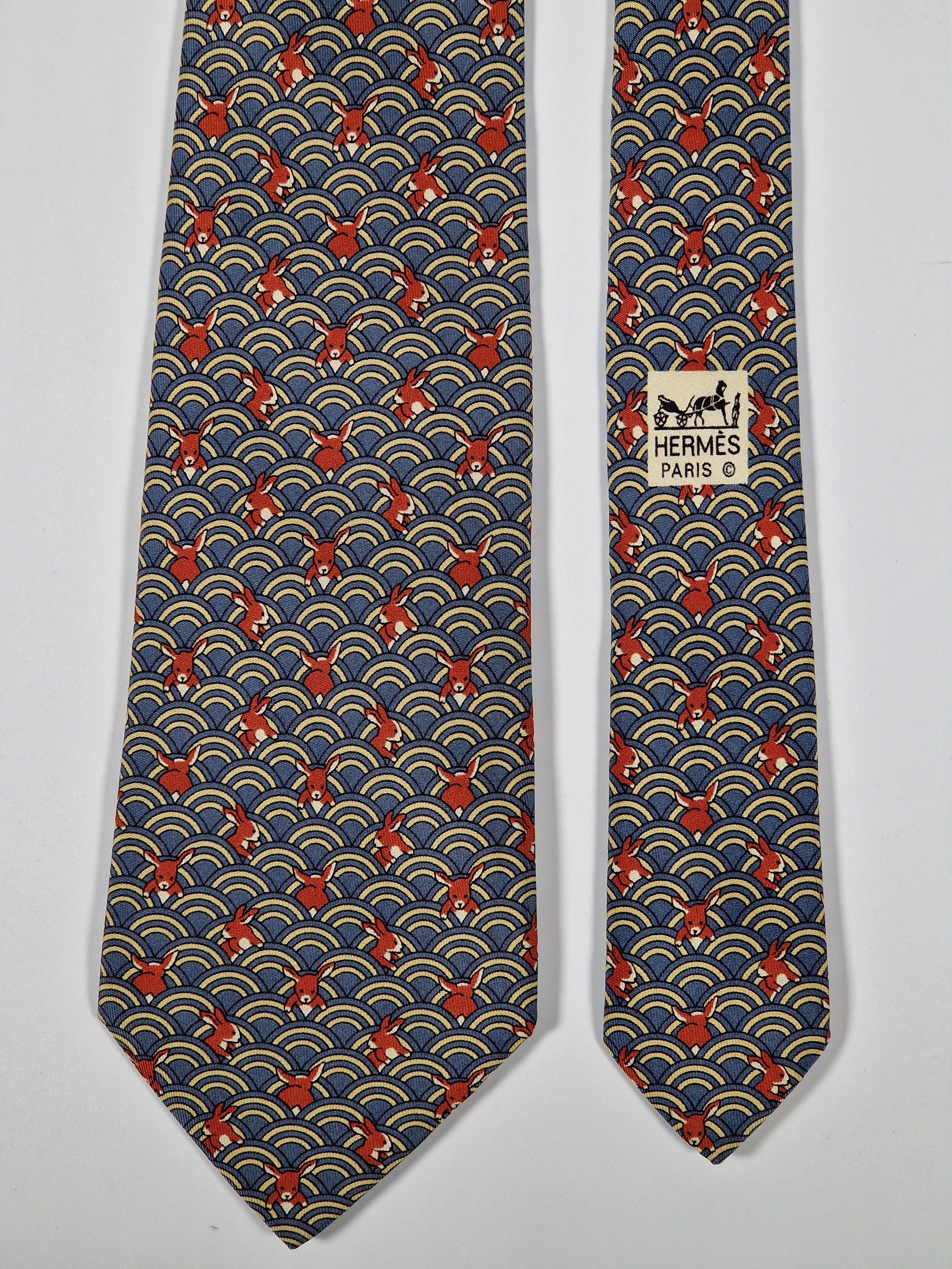 Hermès silk tie whimsical rabbit and waves 7464 HA