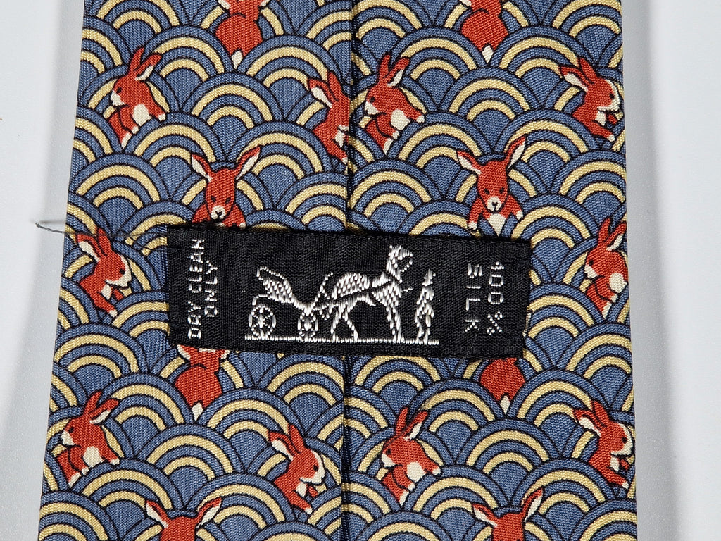 Hermès silk tie whimsical rabbit and waves 7464 HA