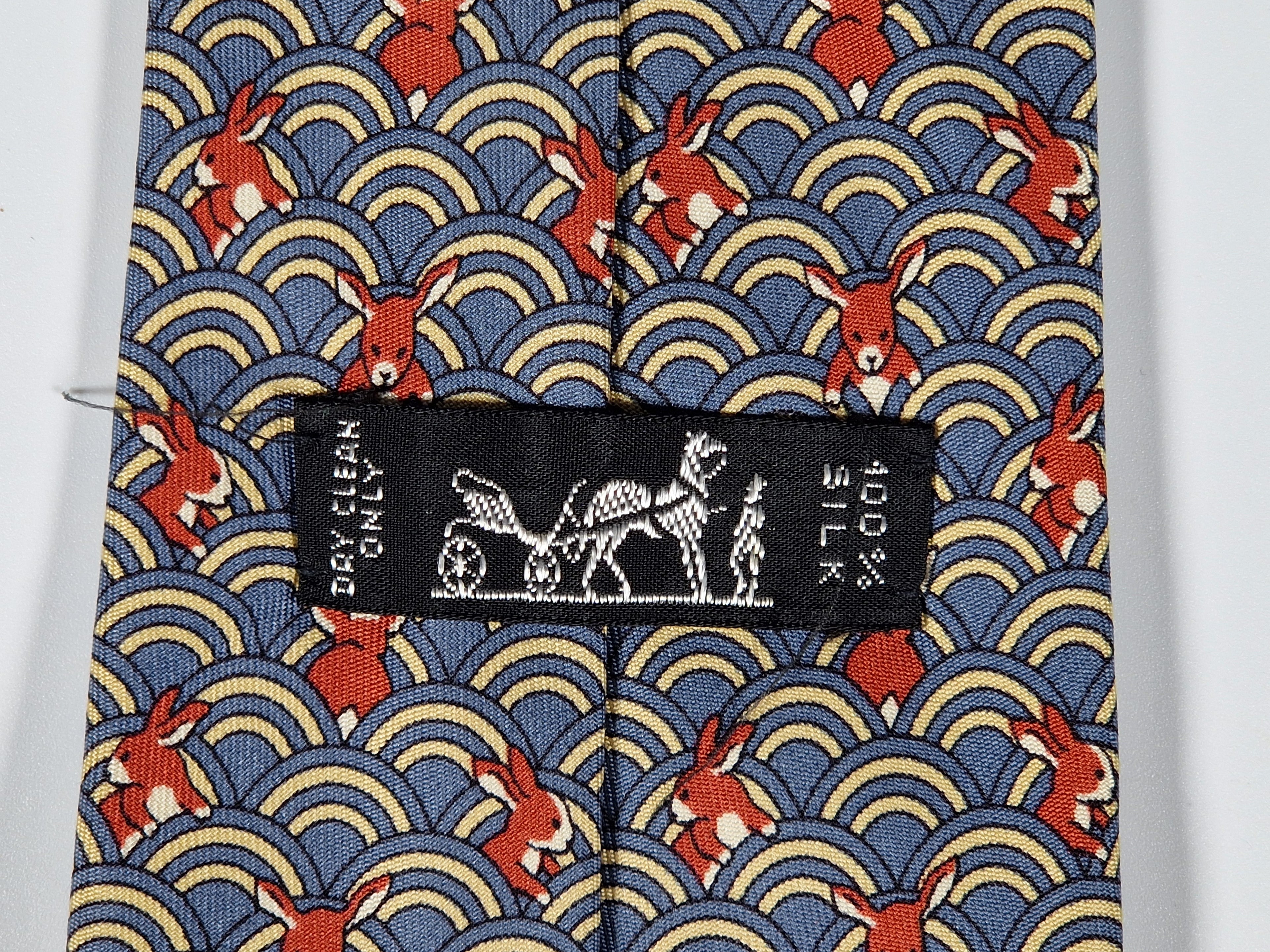 Hermès silk tie whimsical rabbit and waves 7464 HA