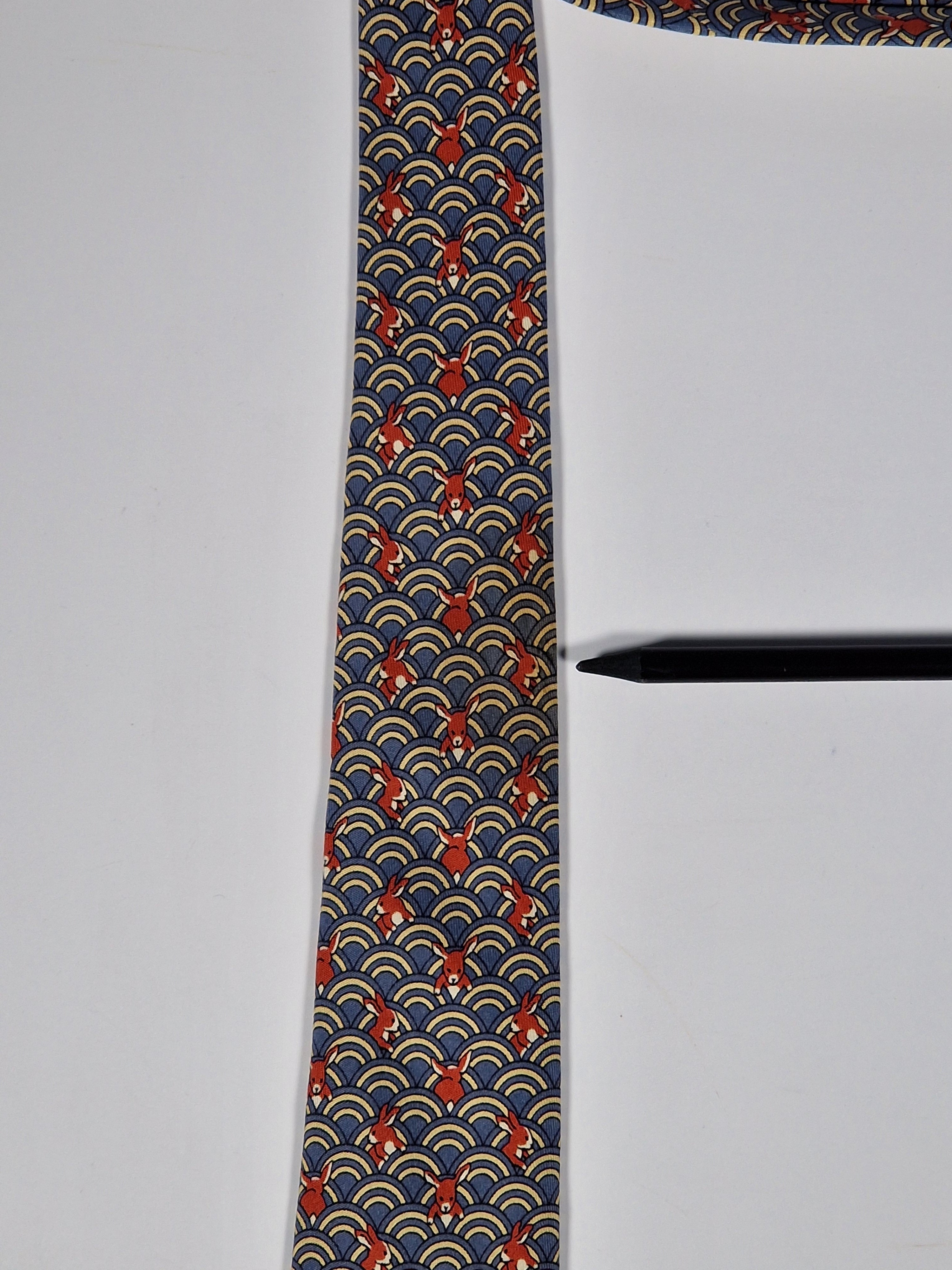 Hermès silk tie whimsical rabbit and waves 7464 HA