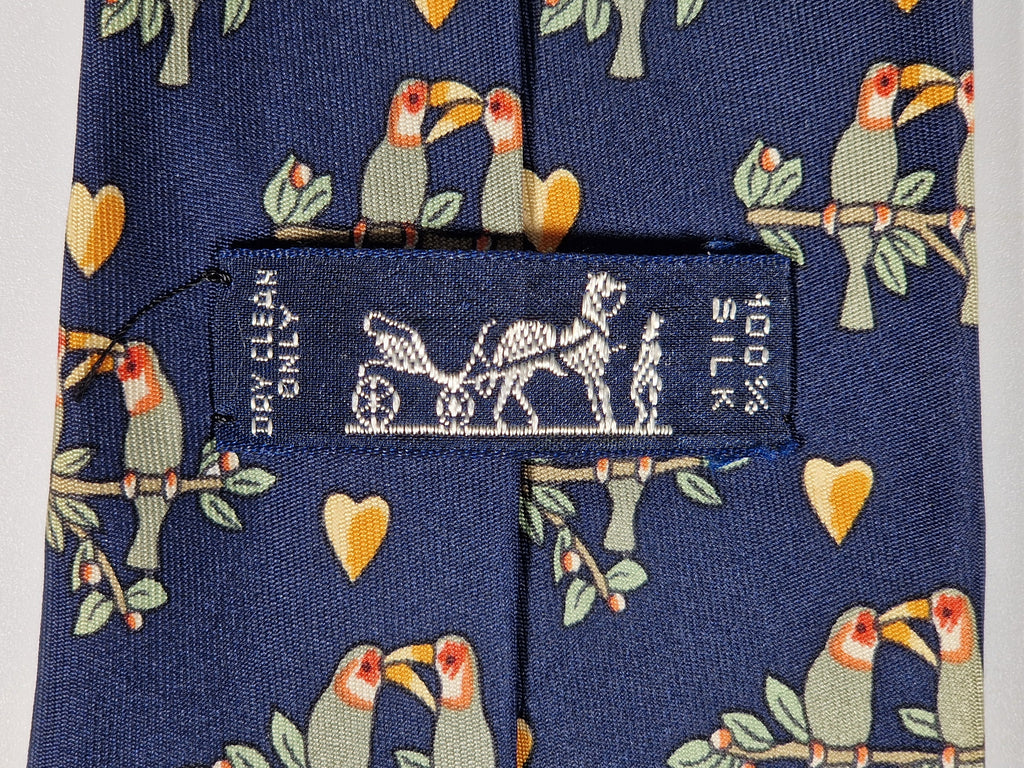 007481 Hermès tie blue love birds pattern 7481 IA