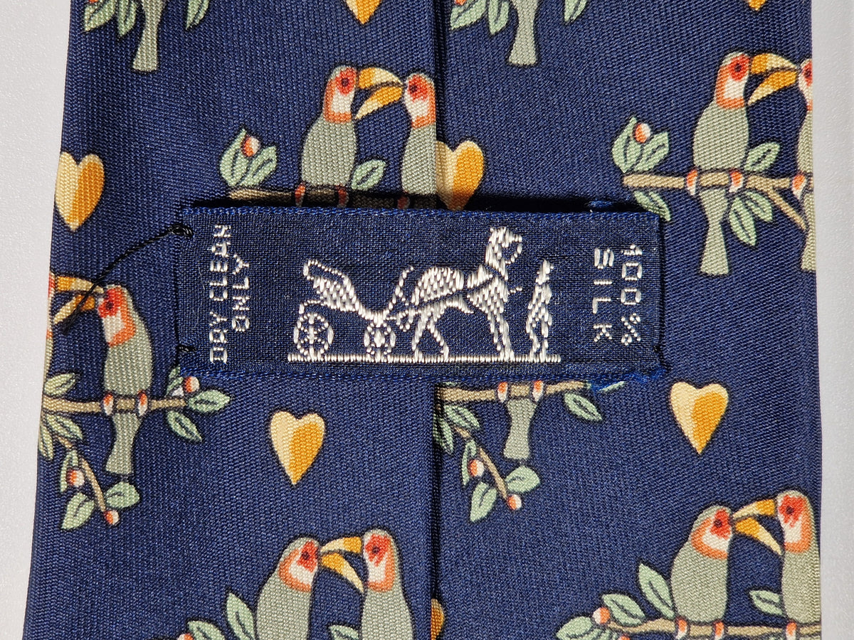 007481 Hermès tie blue love birds pattern 7481 IA