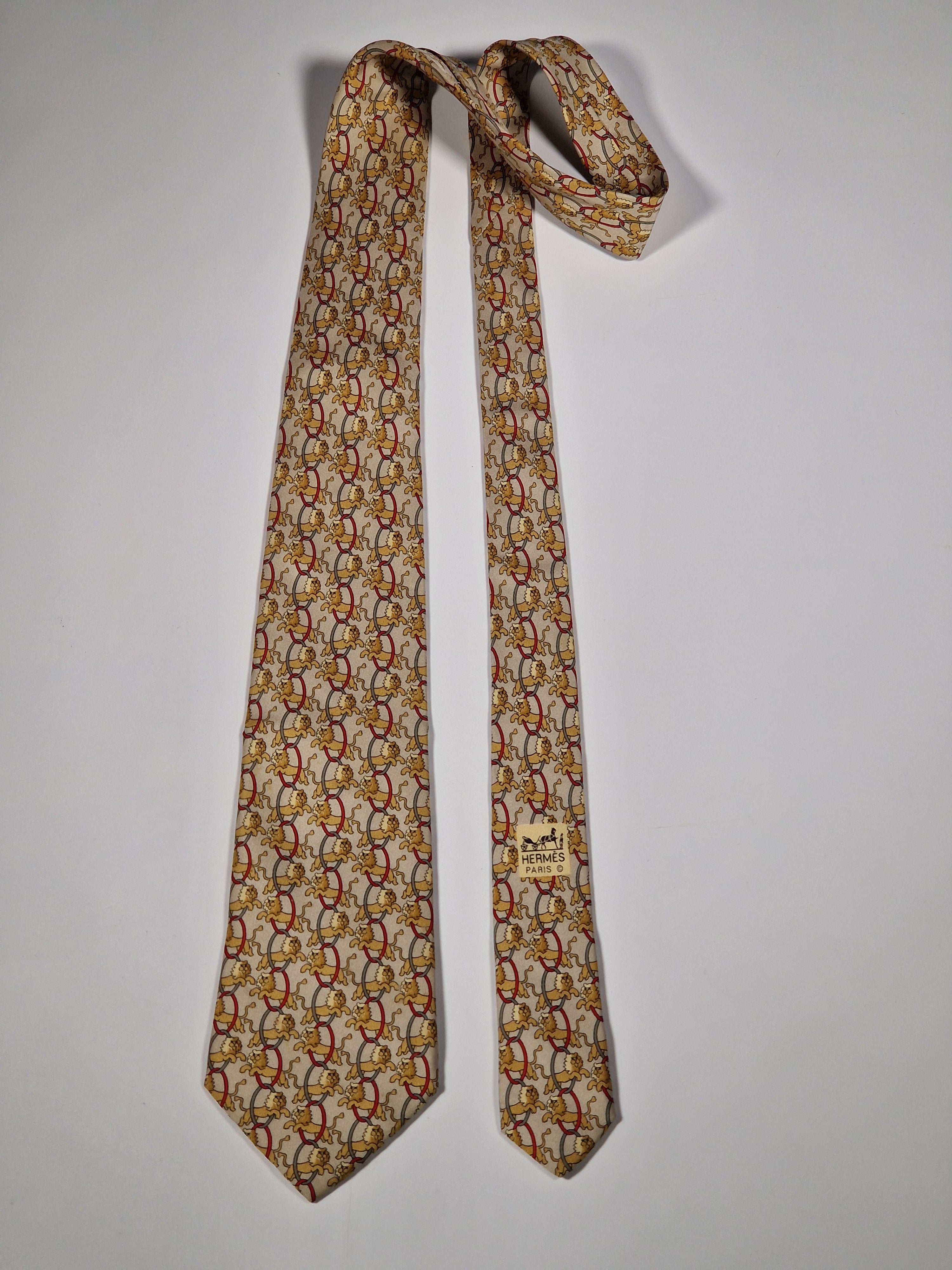 Hermès silk tie beige whimsical circus lion 7504 IA