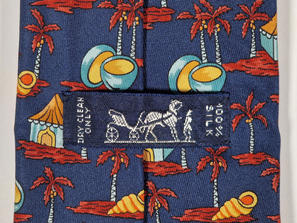 007516 Hermès tie blue whimsical tropical pattern 7516 IA