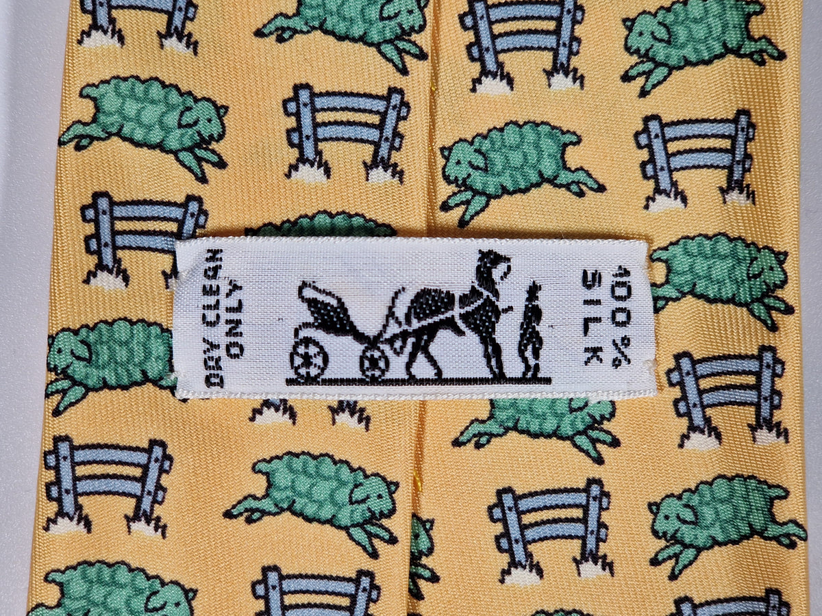 007528 Hermès tie yellow whimsical sheep pattern 7528 IA