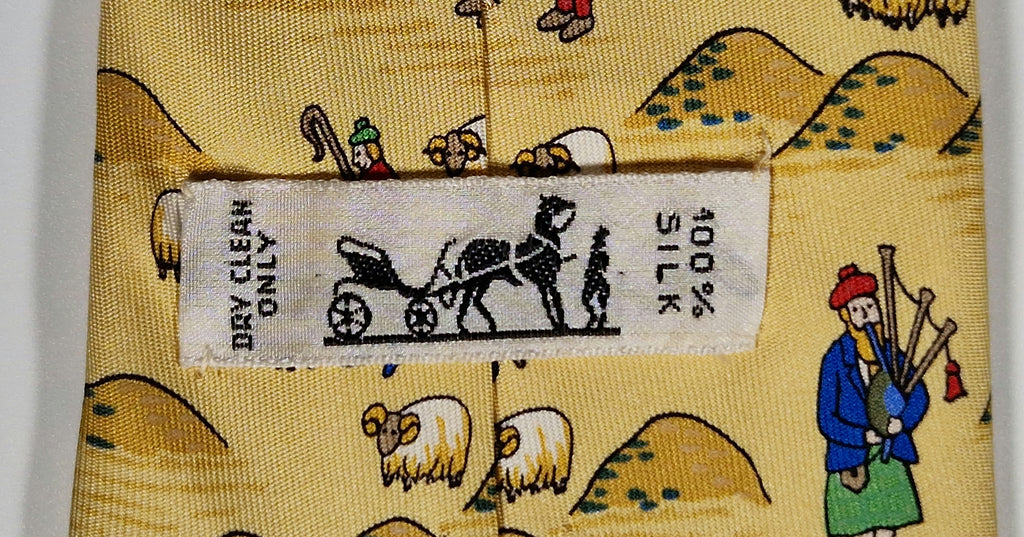 Hermès silk tie yellow scottish and sheep whimsical pattern 7549 SA