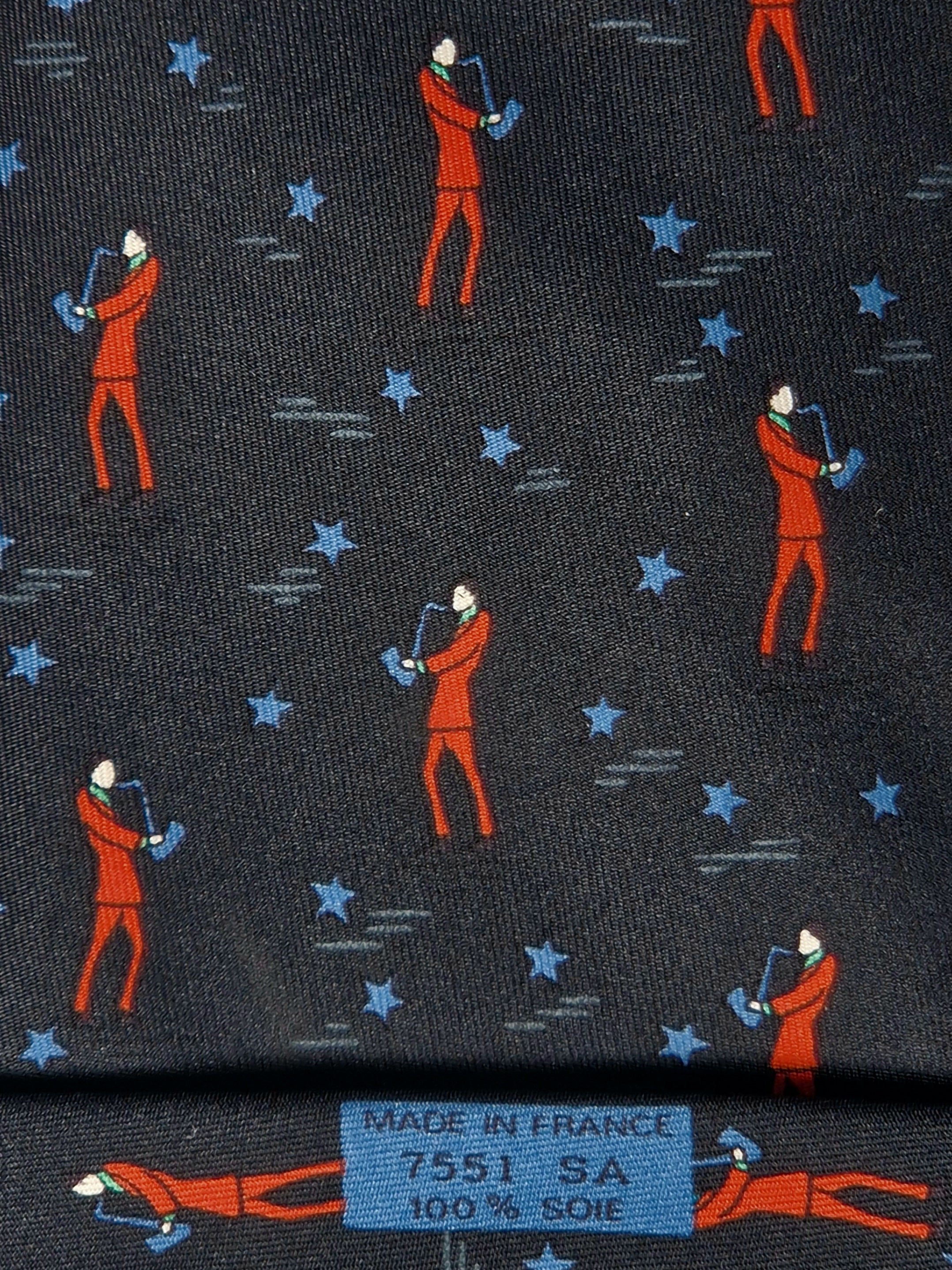 Hermès silk tie black saxophone player whimsical pattern 7551 SA