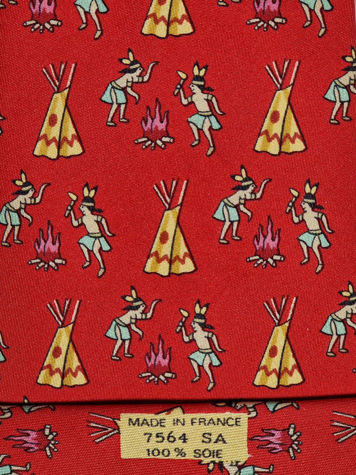 007564 Hermès tie red indians whimsical pattern 7564 SA
