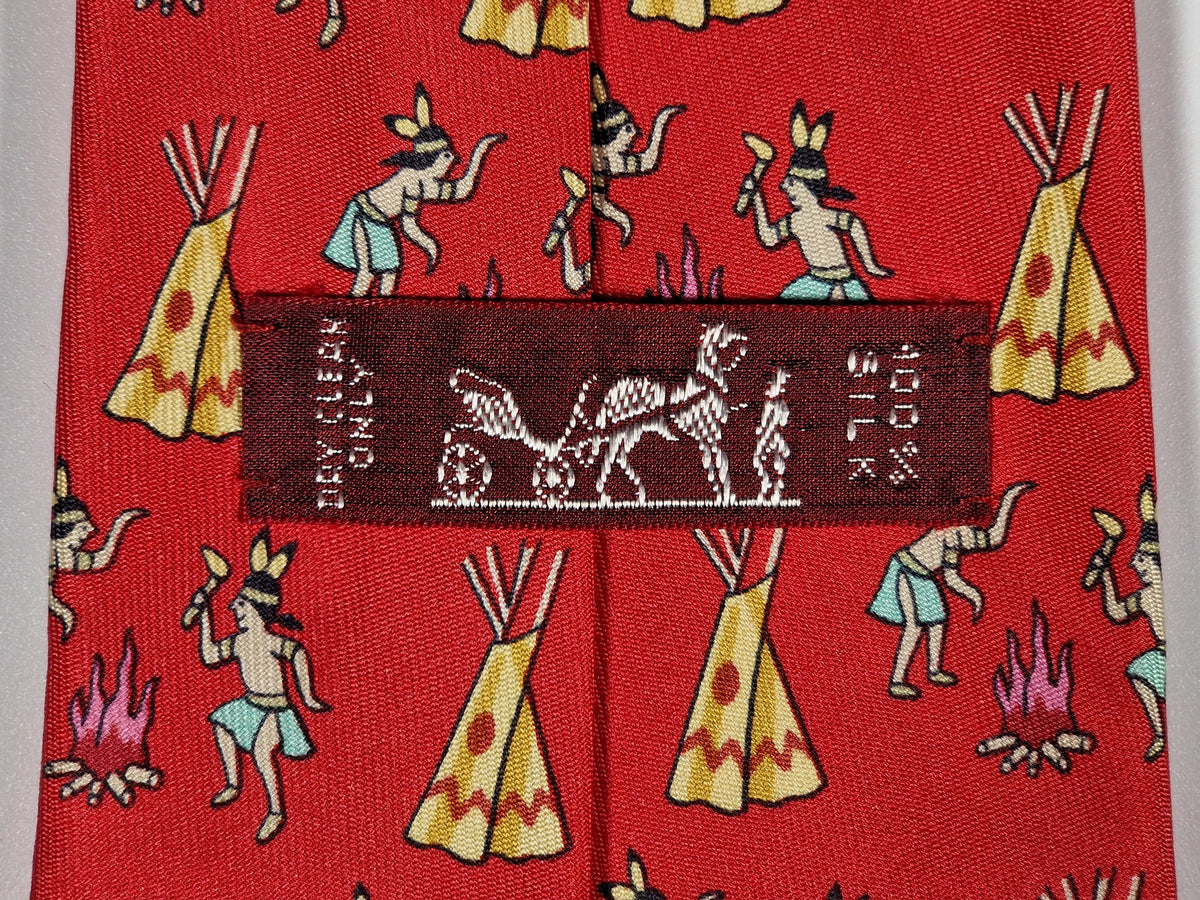 007564 Hermès tie red indians whimsical pattern 7564 SA