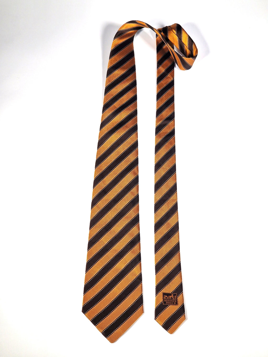 Hermès silk tie brown and orange striped  Hermès 758775 T tie orange