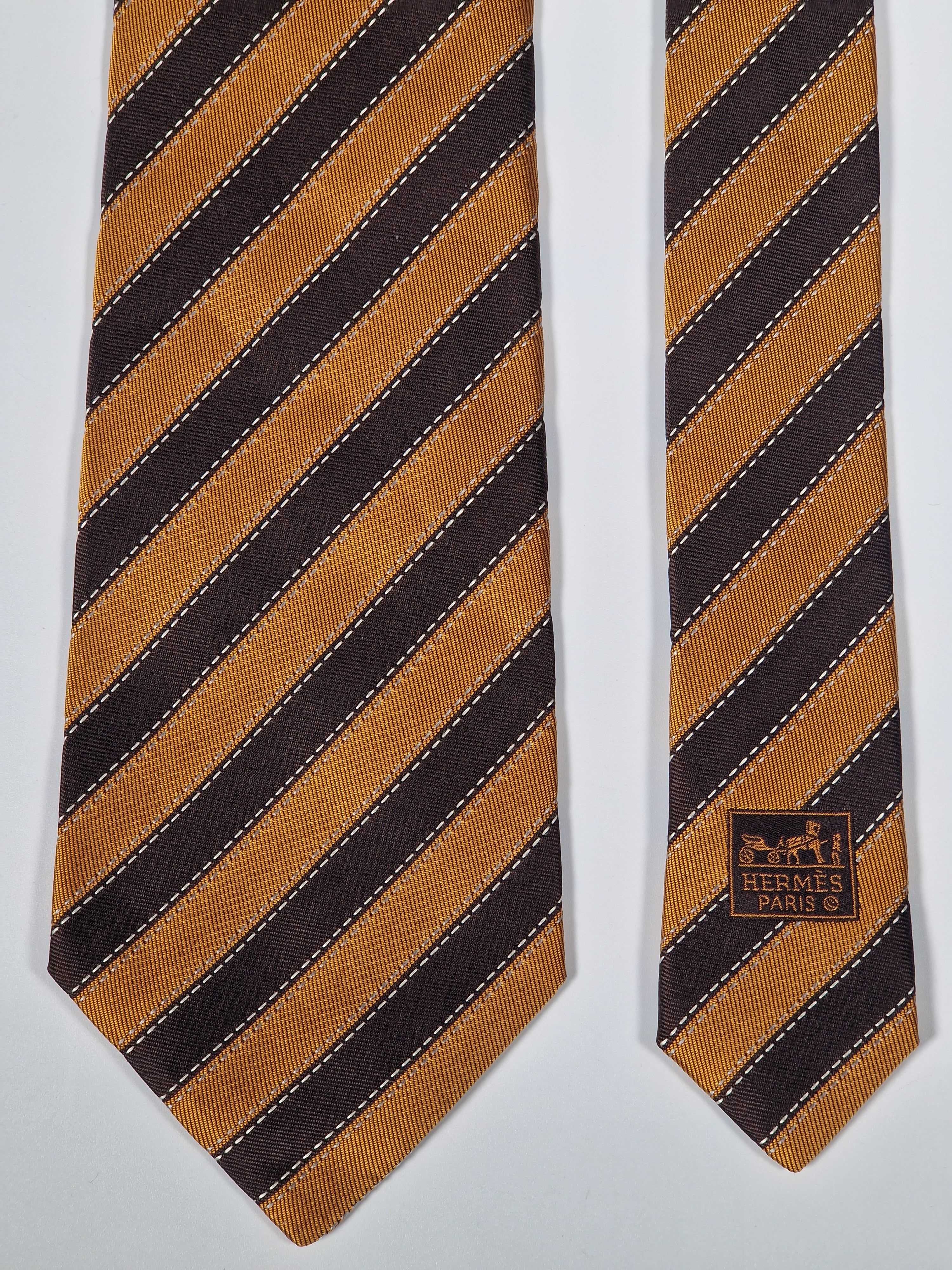 Hermès silk tie brown and orange striped  Hermès 758775 T tie orange