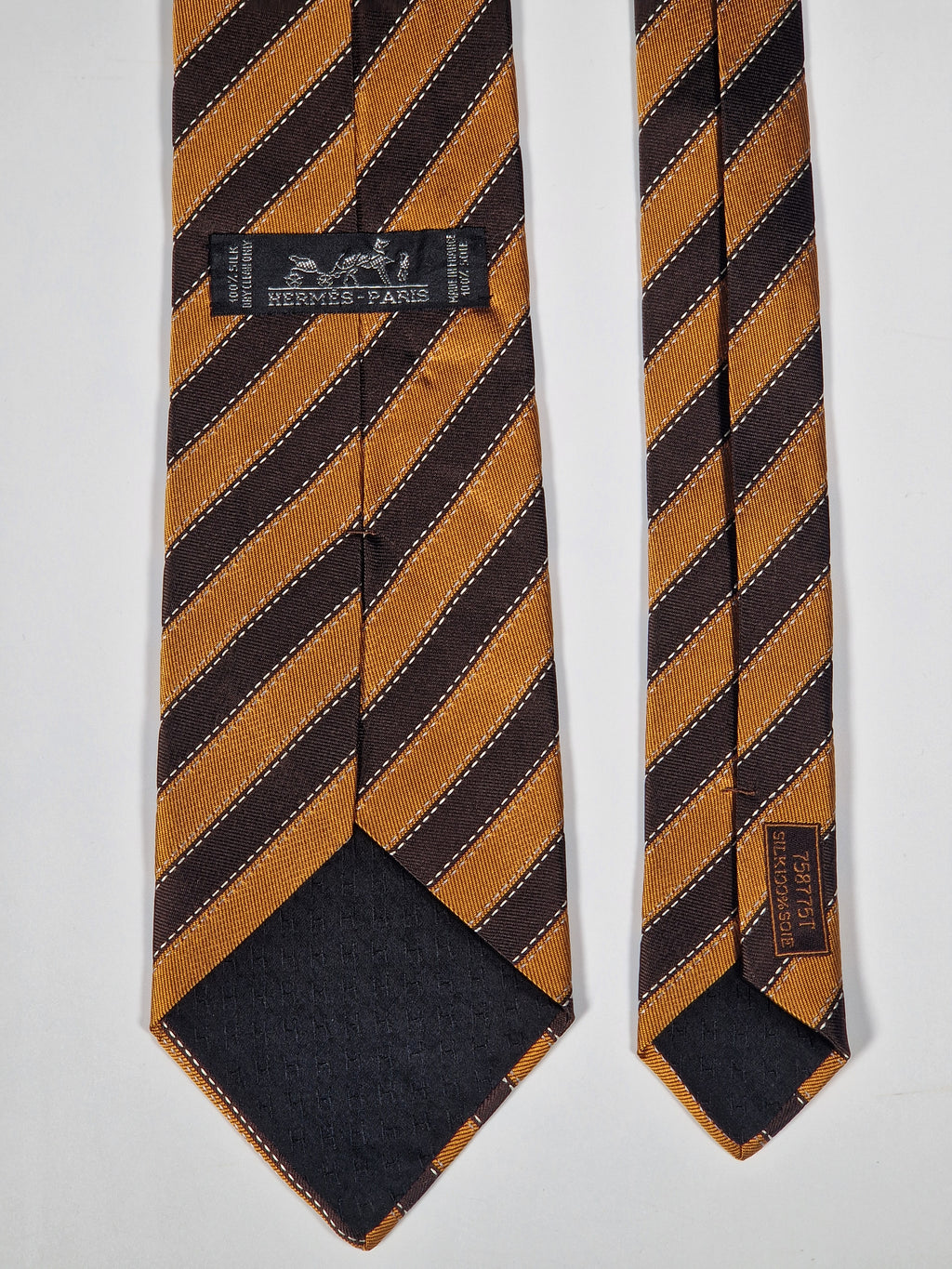 Hermès silk tie brown and orange striped  Hermès 758775 T tie orange