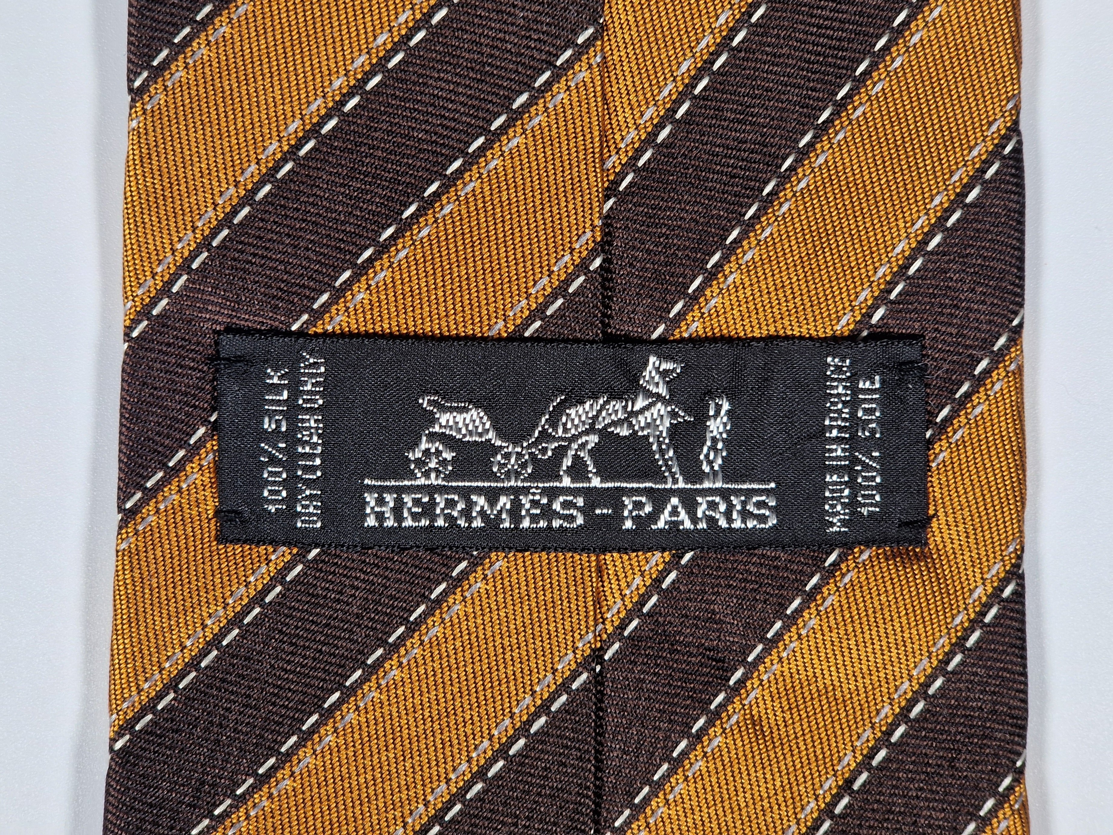 Hermès silk tie brown and orange striped  Hermès 758775 T tie orange