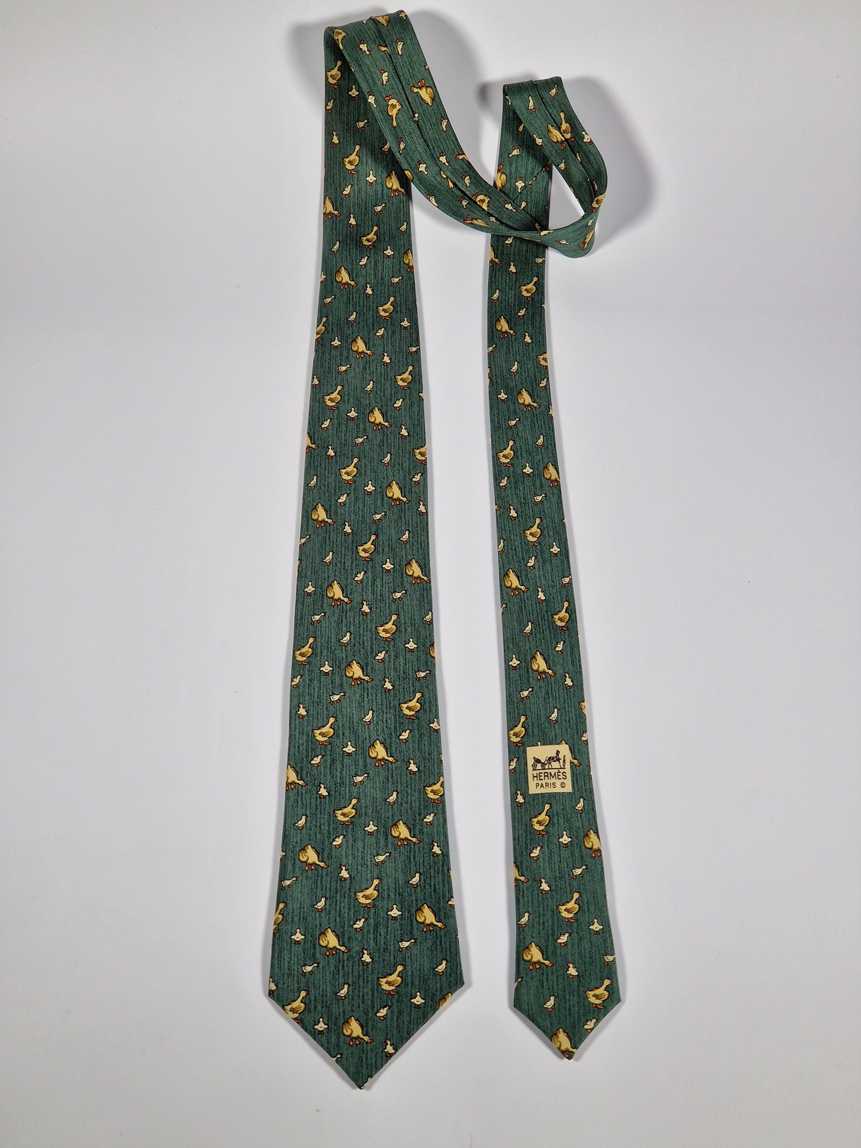 Hermés green vintage silk tie geese 7595 SA