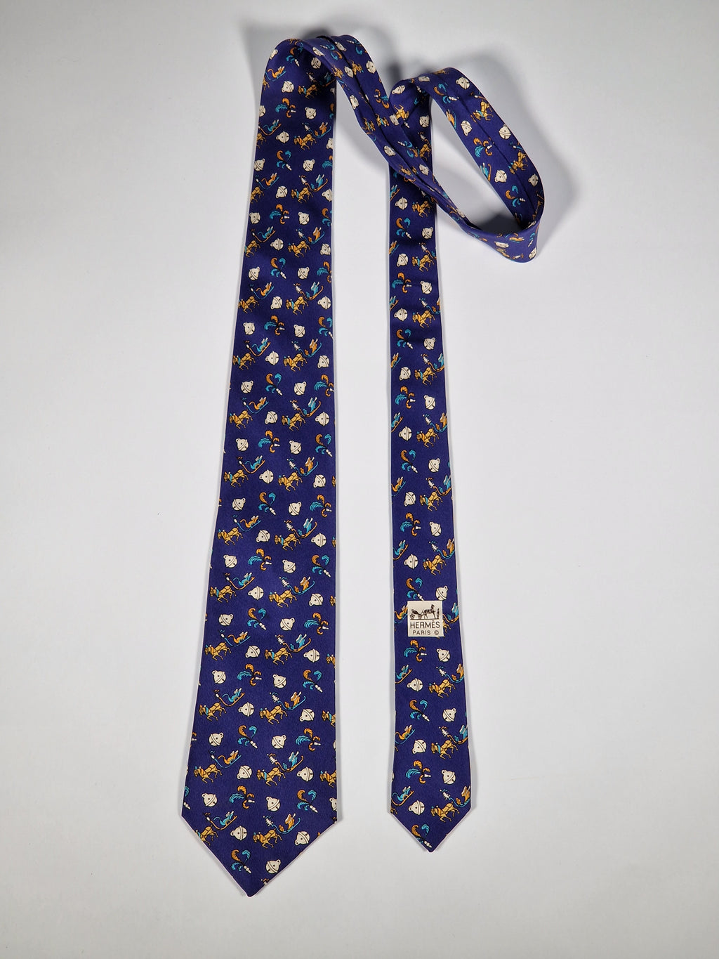 Hermès silk tie blue horse sledge and bells 7596 SA