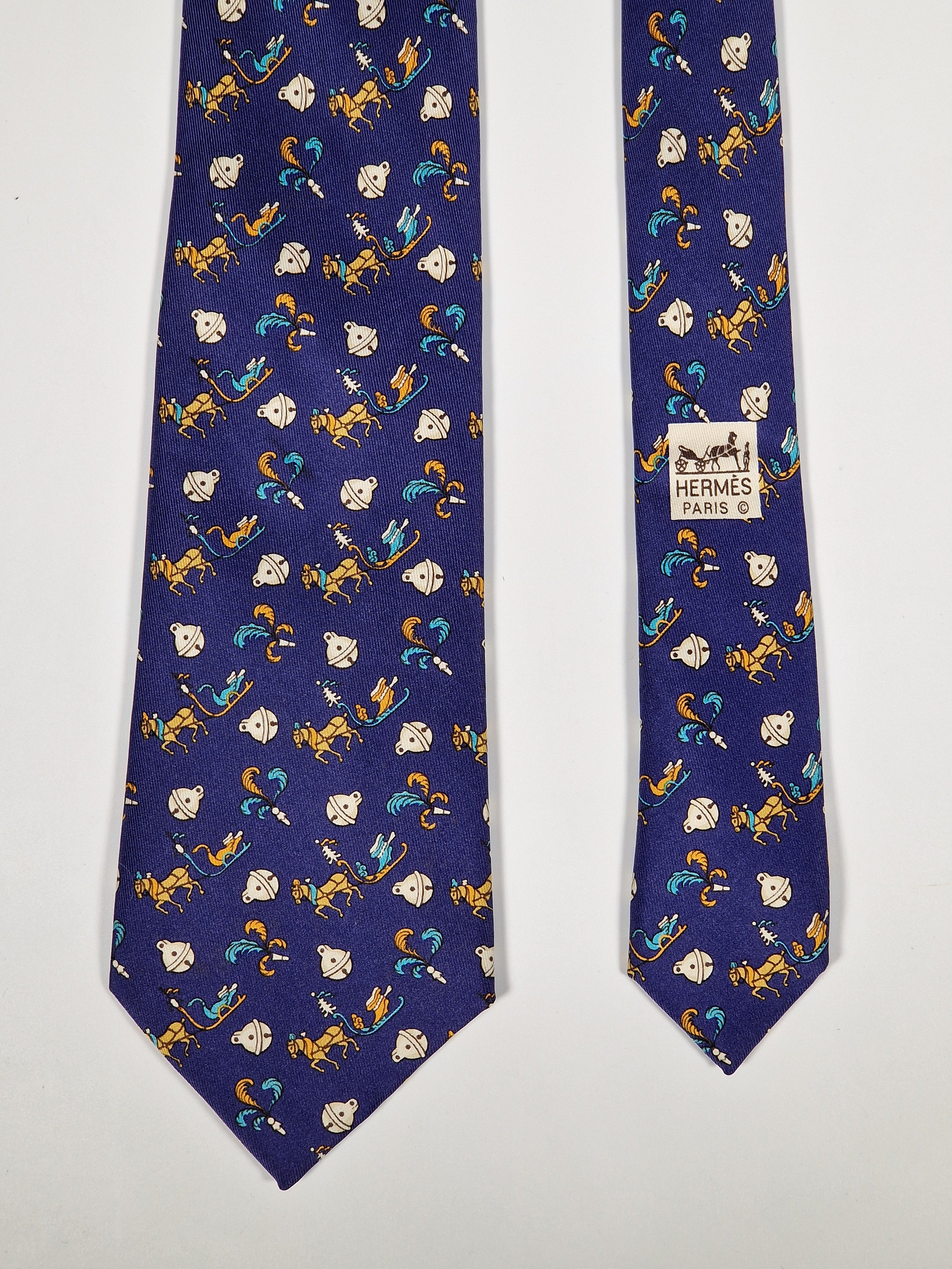 Hermès silk tie blue horse sledge and bells 7596 SA