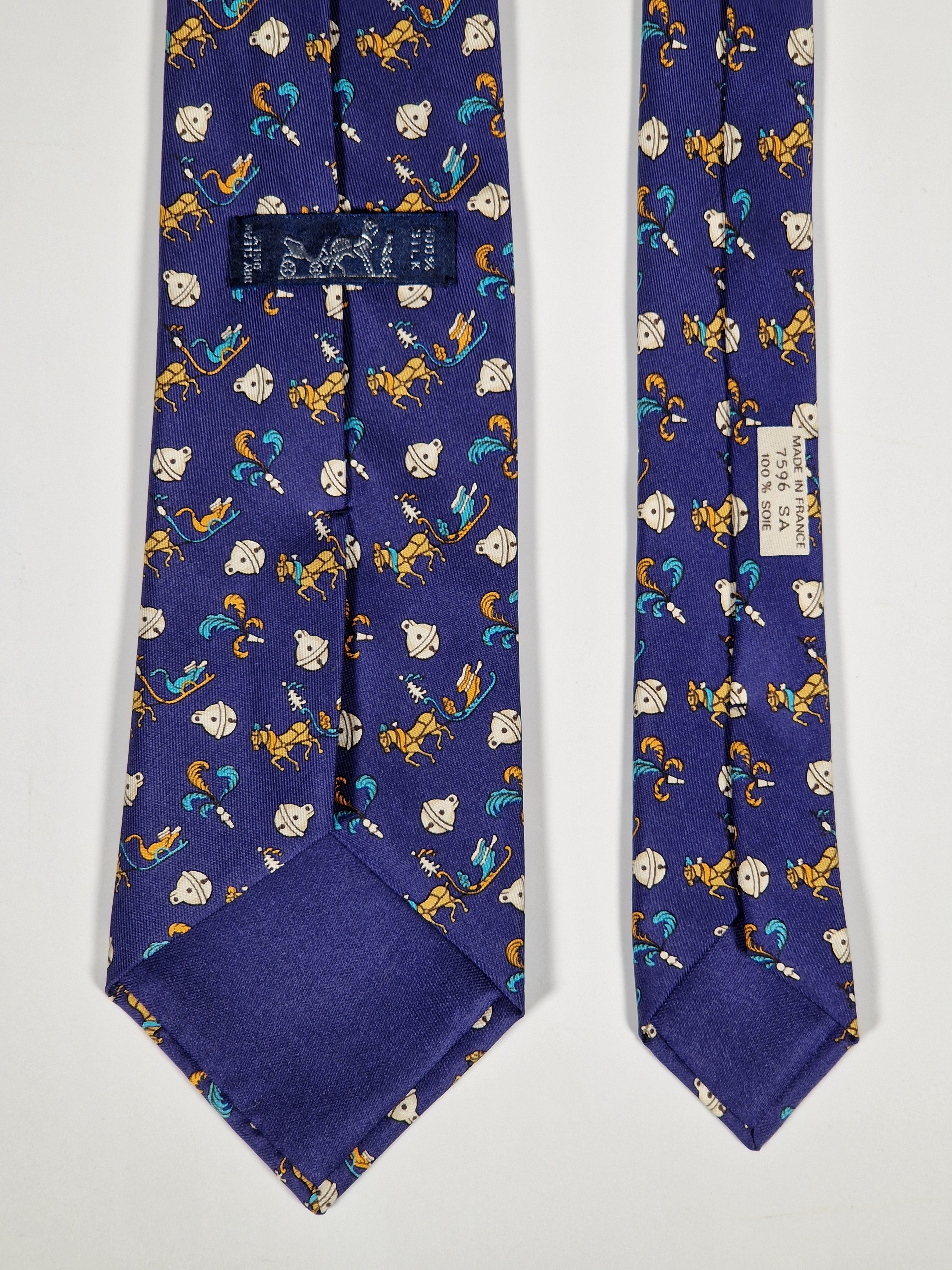 Hermès silk tie blue horse sledge and bells 7596 SA