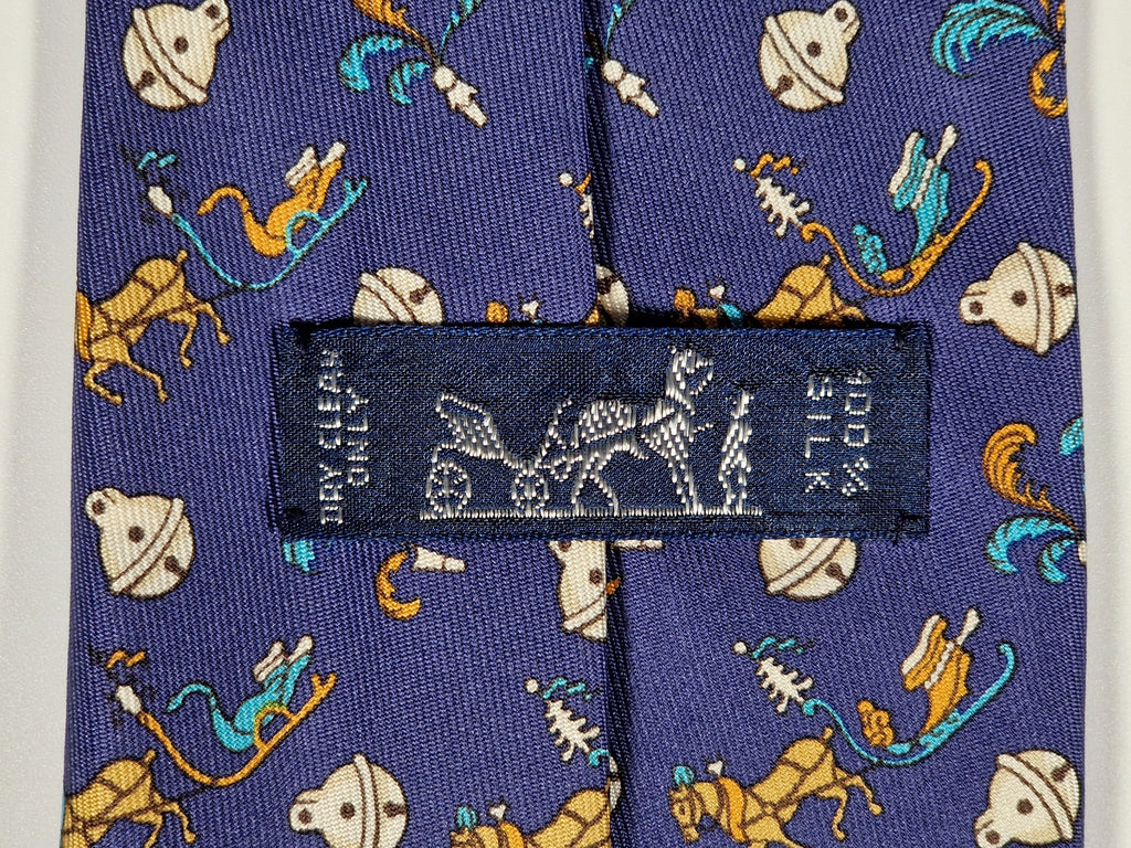Hermès silk tie blue horse sledge and bells 7596 SA