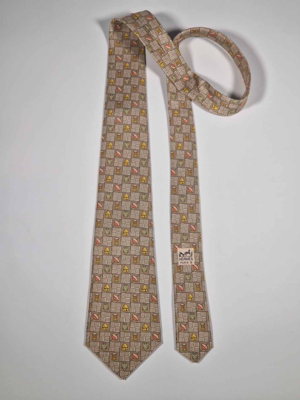 007618 Hermès silk tie brown ethnical pattern 7618 TA