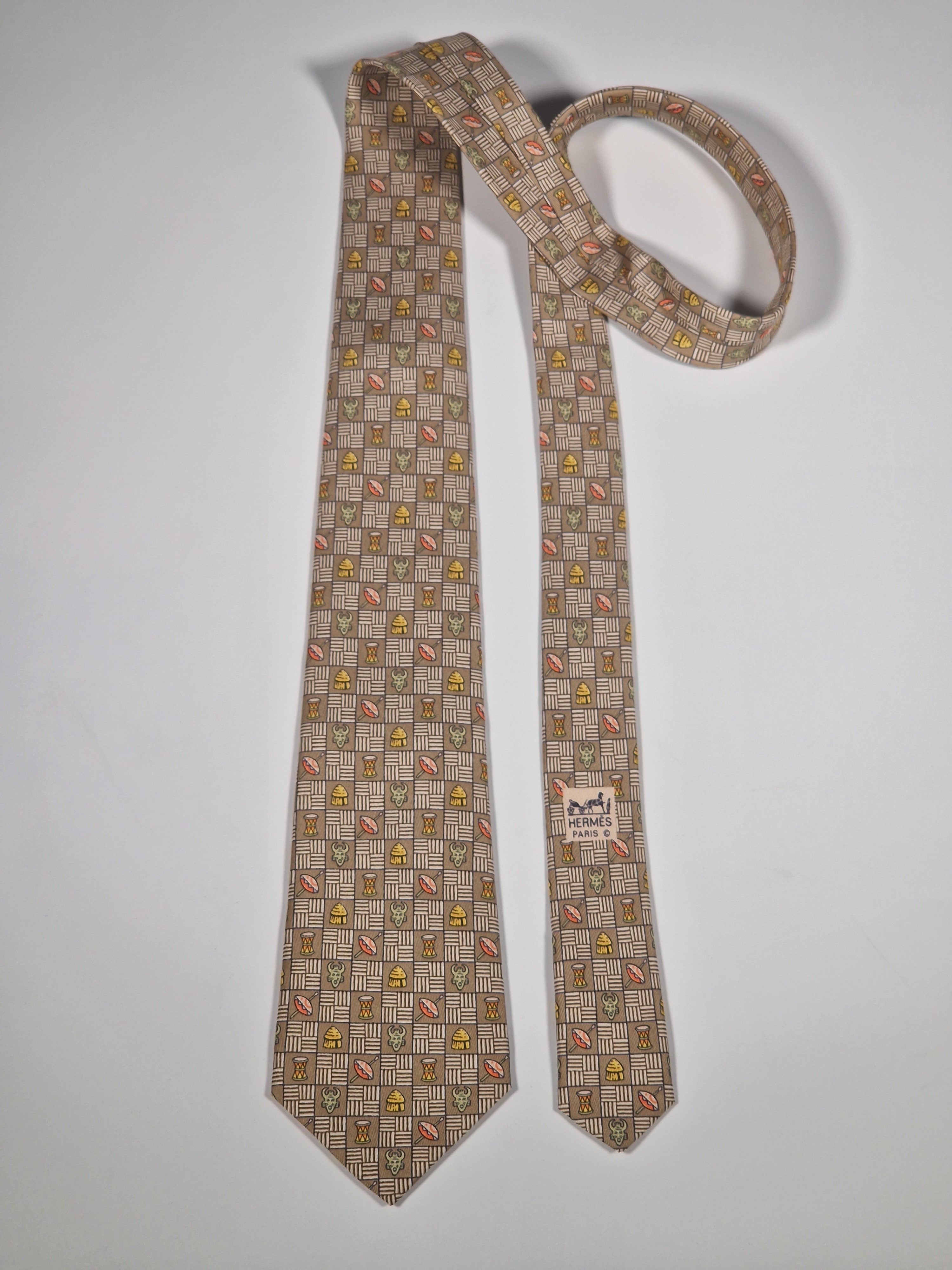 007618 Hermès silk tie brown ethnical pattern 7618 TA