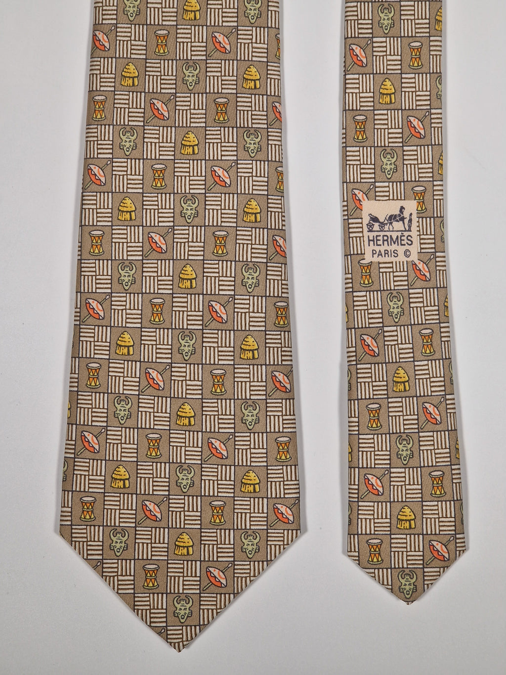 007618 Hermès silk tie brown ethnical pattern 7618 TA