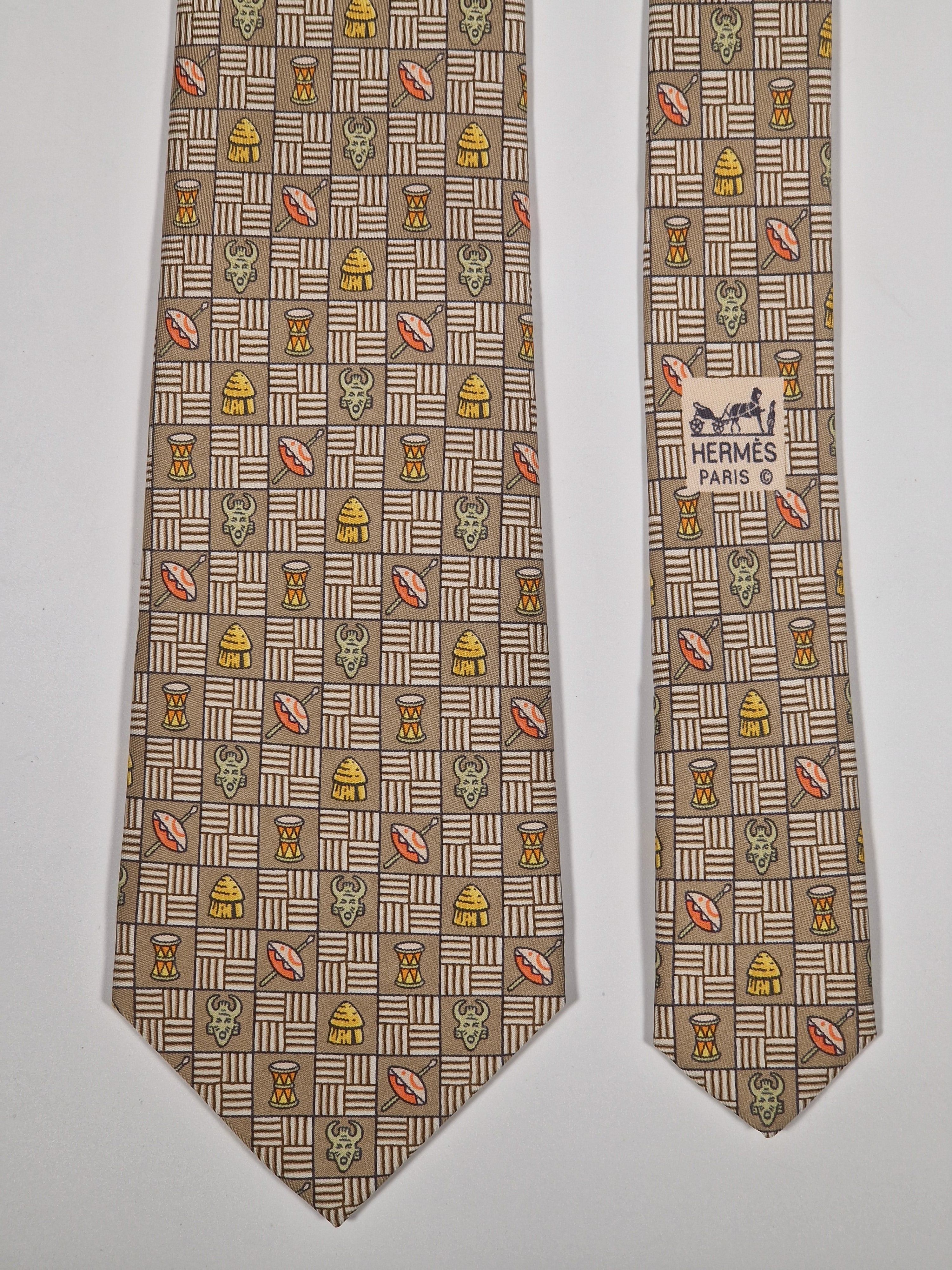 007618 Hermès silk tie brown ethnical pattern 7618 TA