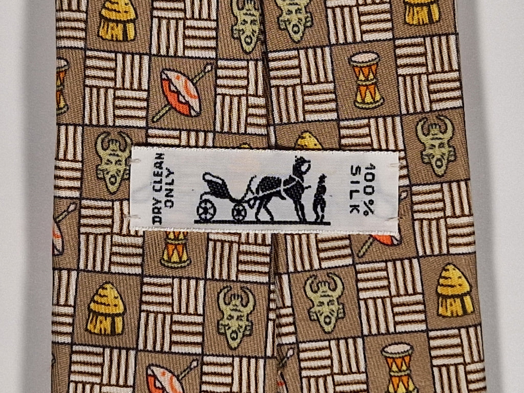007618 Hermès silk tie brown ethnical pattern 7618 TA