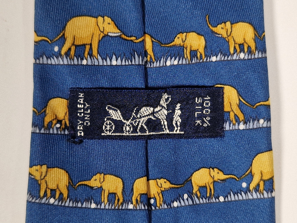Hermès silk tie blue elephants pattern 7621 TA