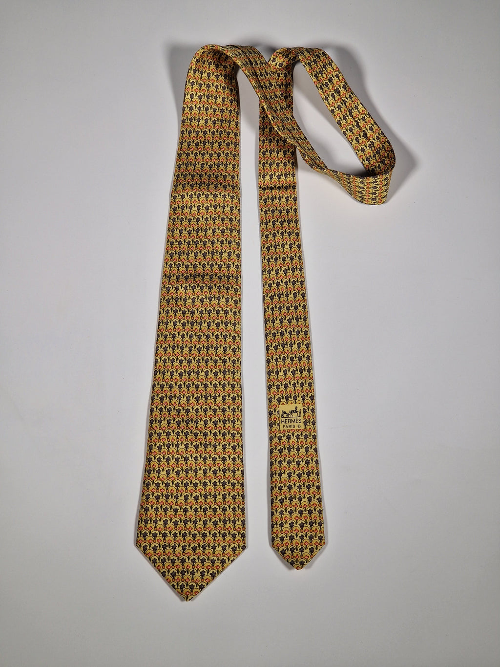 007673 Hermès silk tie yellow flower pattern 7673 TA