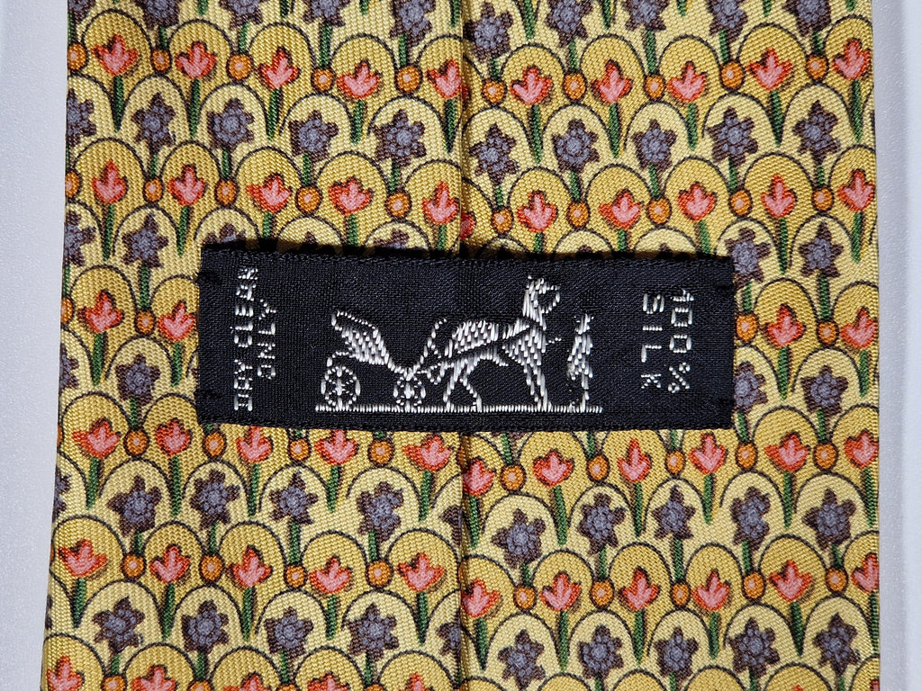 007673 Hermès silk tie yellow flower pattern 7673 TA