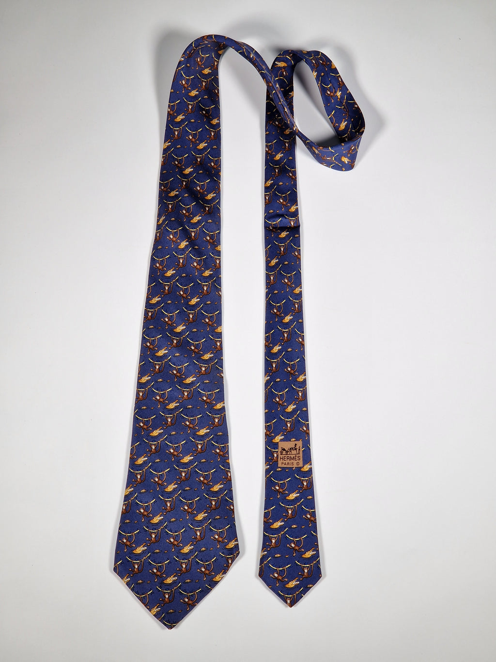 Hermès silk tie blue monkey and crocodile whimsical pattern 7682 TA