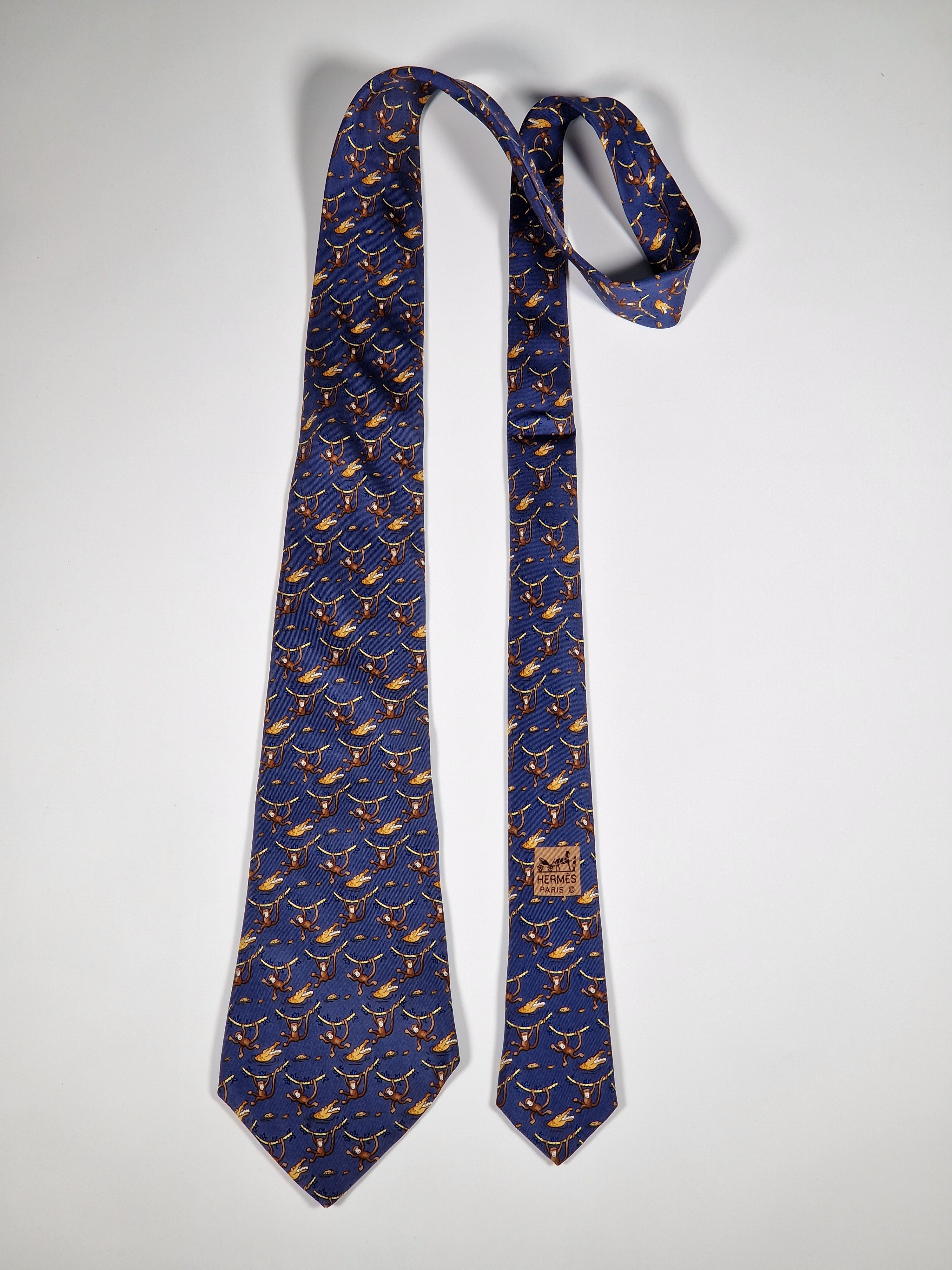 Hermès silk tie blue monkey and crocodile whimsical pattern 7682 TA