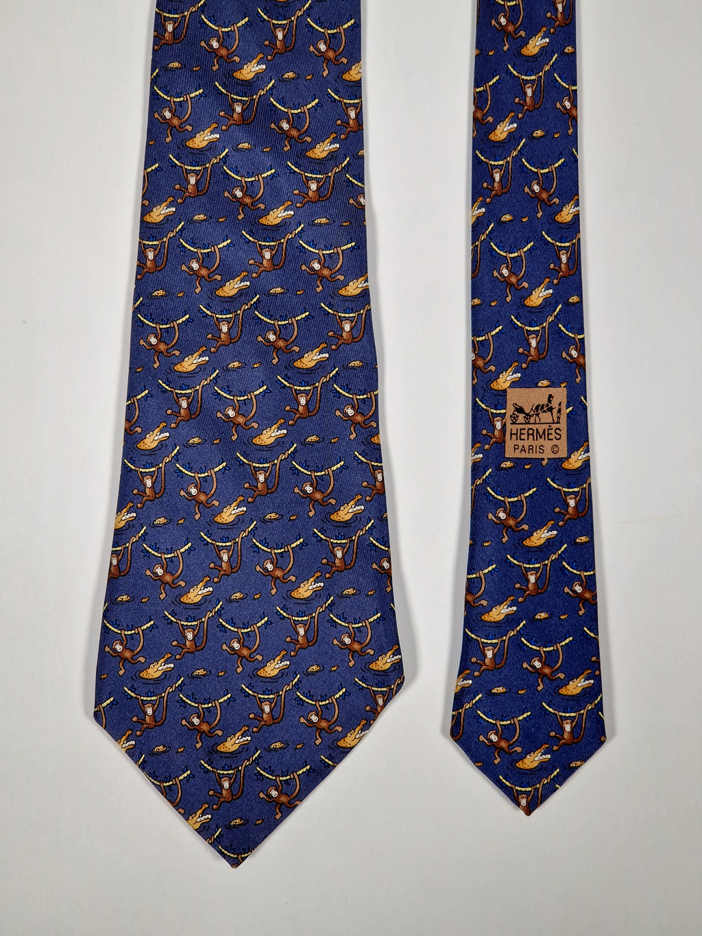Hermès silk tie blue monkey and crocodile whimsical pattern 7682 TA