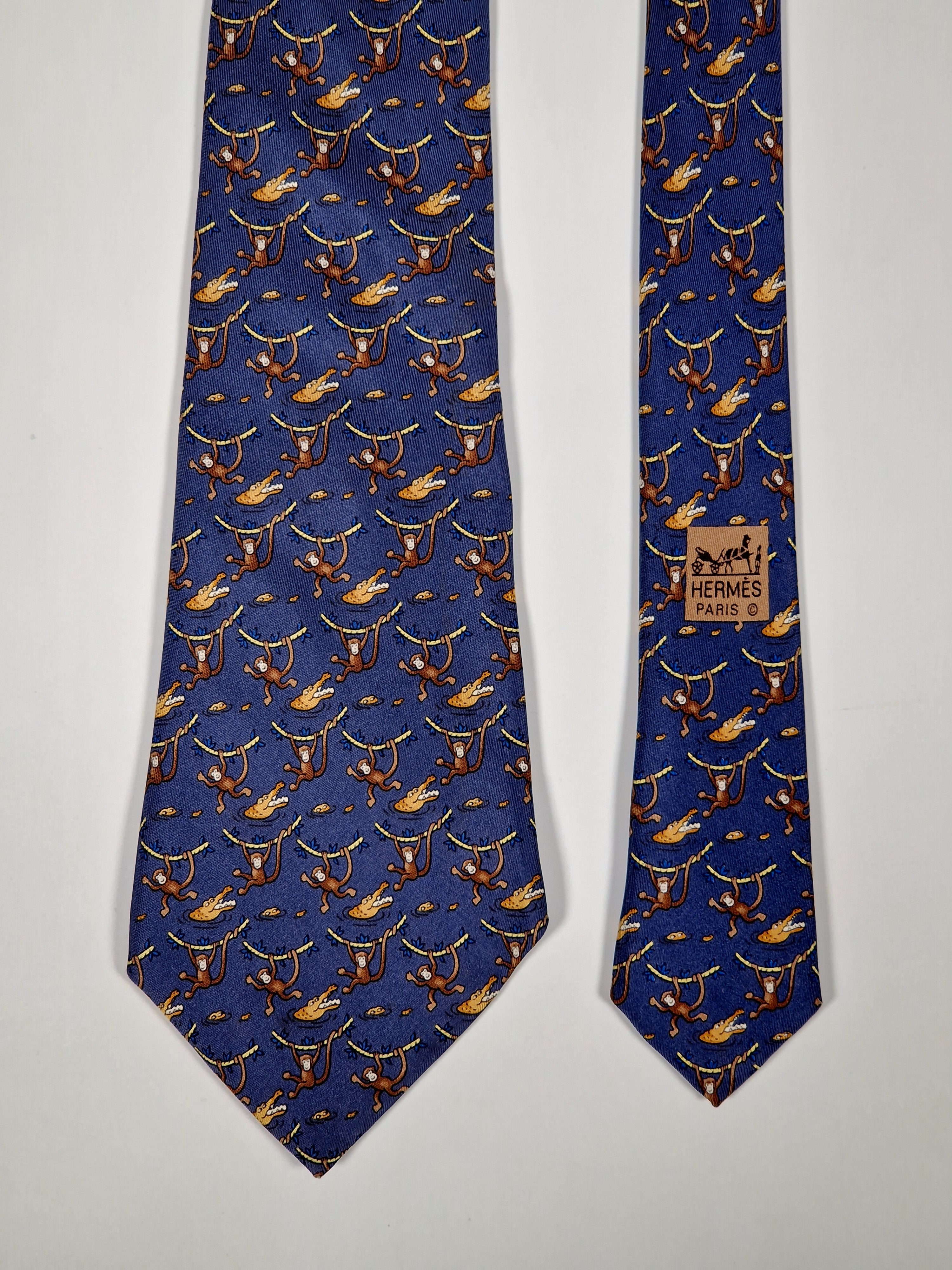 Hermès silk tie blue monkey and crocodile whimsical pattern 7682 TA