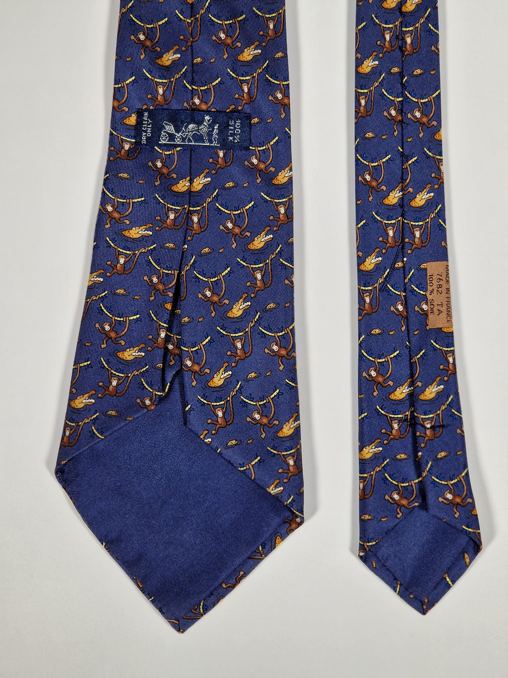 Hermès silk tie blue monkey and crocodile whimsical pattern 7682 TA