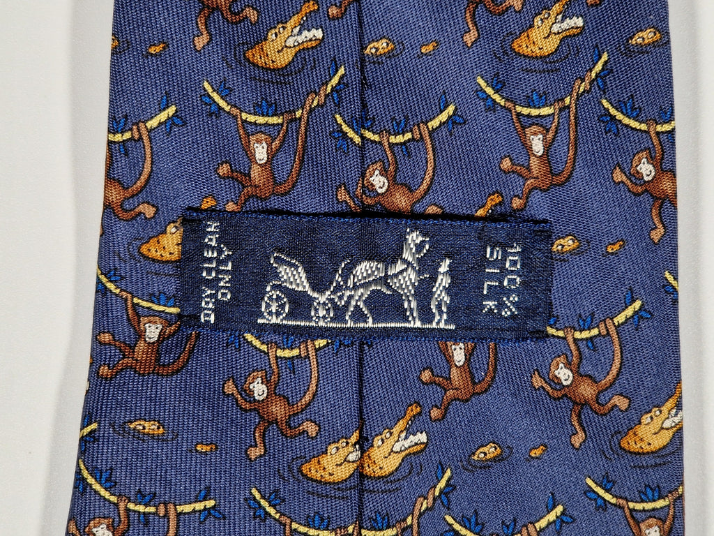 Hermès silk tie blue monkey and crocodile whimsical pattern 7682 TA
