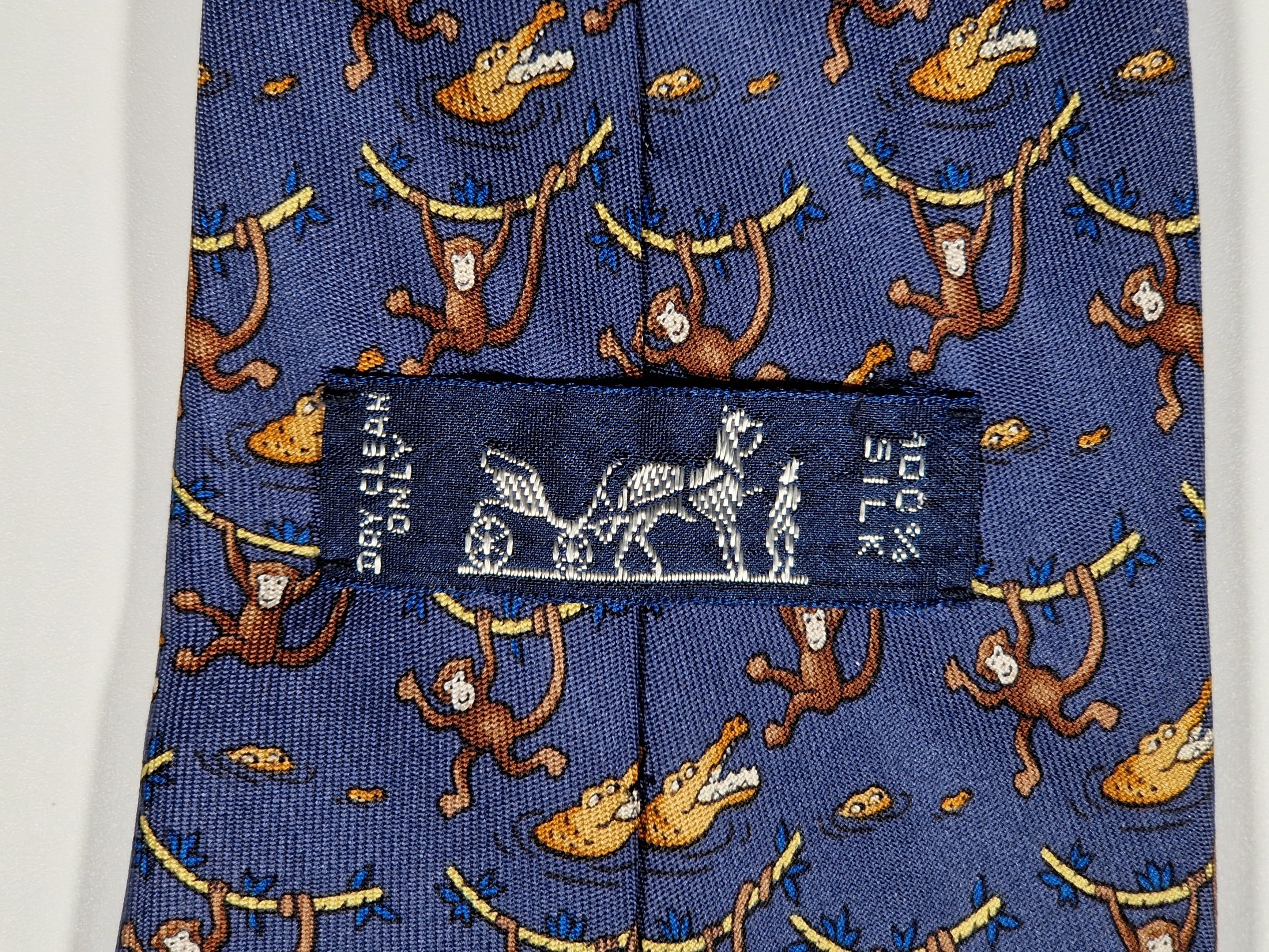 Hermès silk tie blue monkey and crocodile whimsical pattern 7682 TA