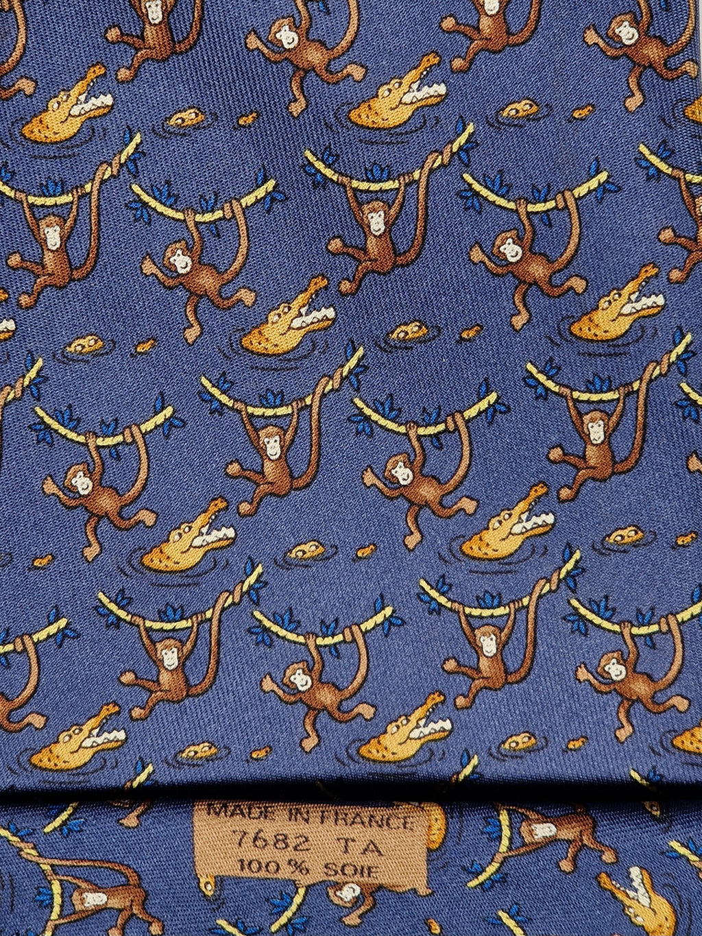 Hermès silk tie blue monkey and crocodile whimsical pattern 7682 TA