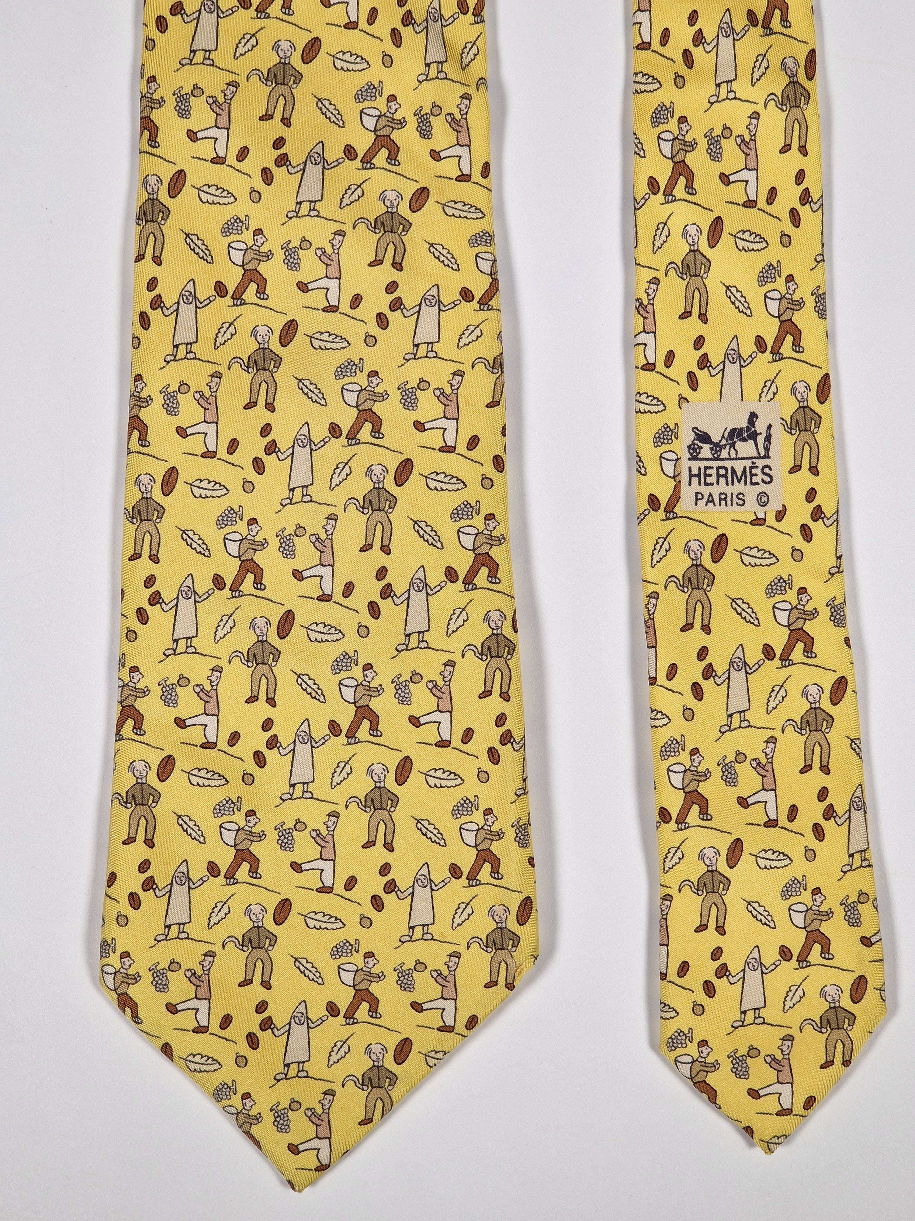 Hermès silk tie yellow wine harvest pattern 7688 OA