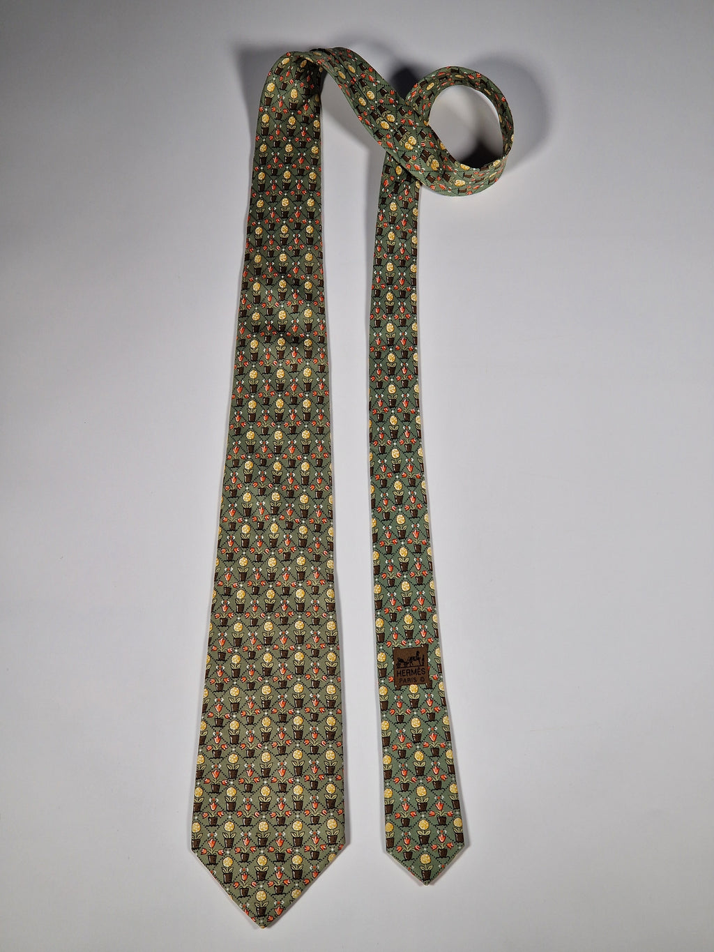 Hermès silk tie green flower in pots pattern 7692 OA