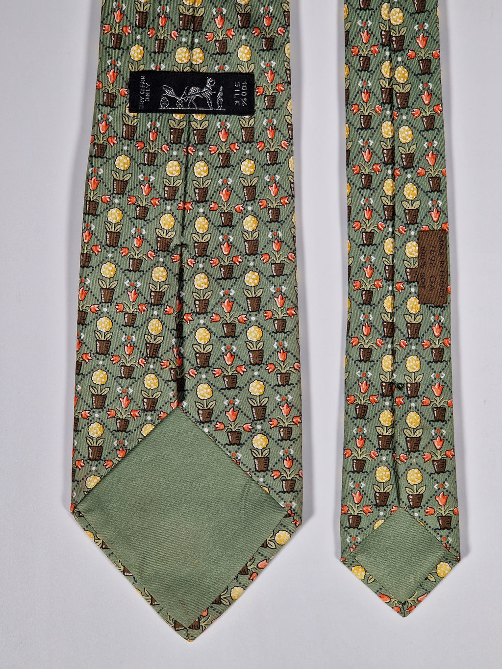 Hermès silk tie green flower in pots pattern 7692 OA