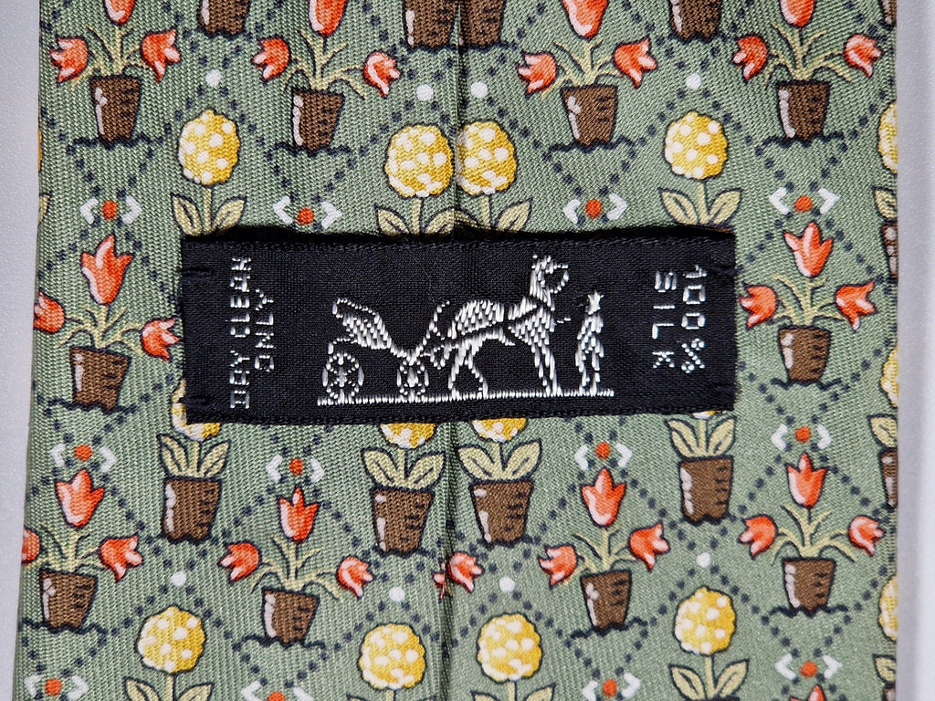 Hermès silk tie green flower in pots pattern 7692 OA