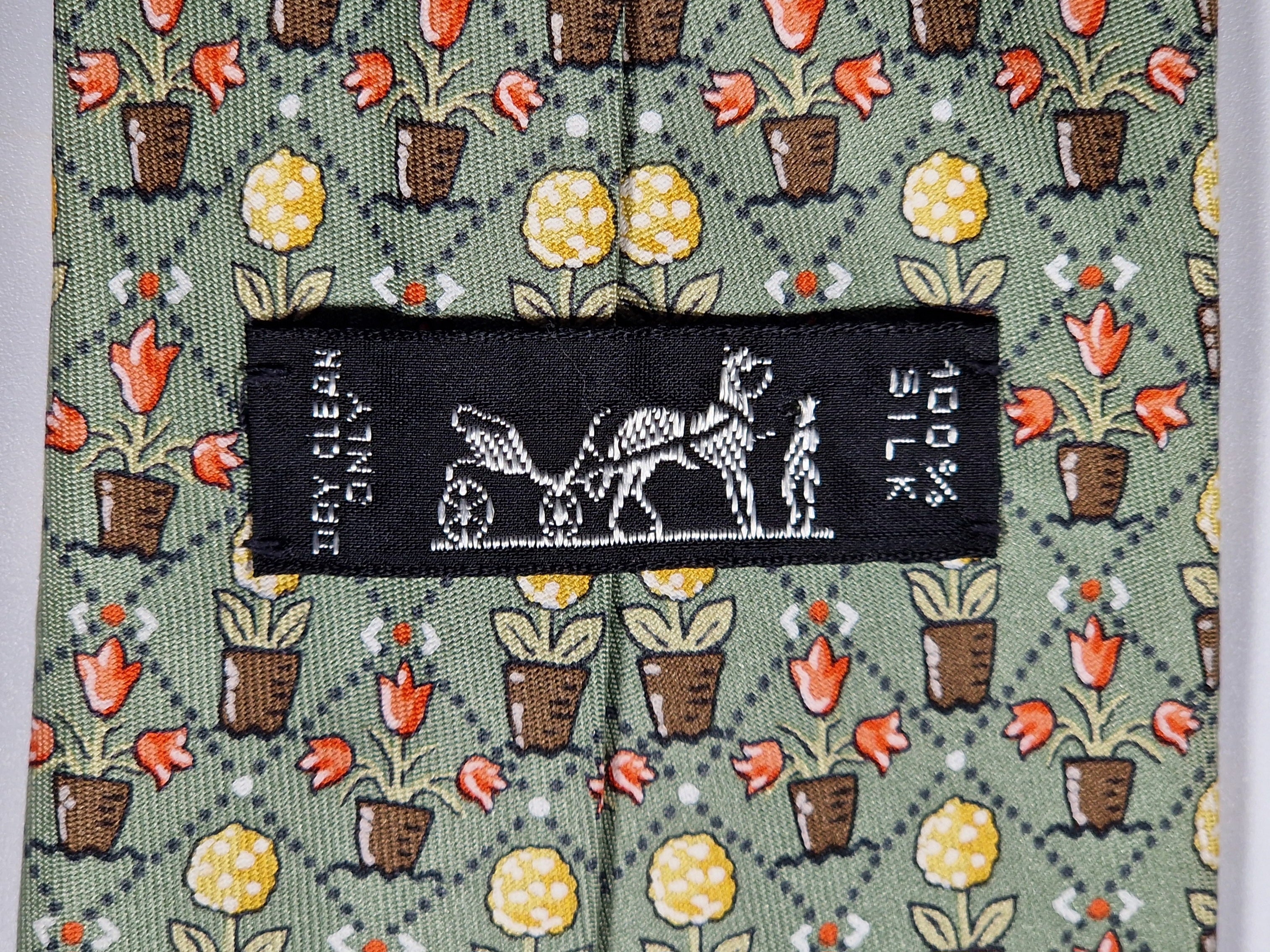 Hermès silk tie green flower in pots pattern 7692 OA